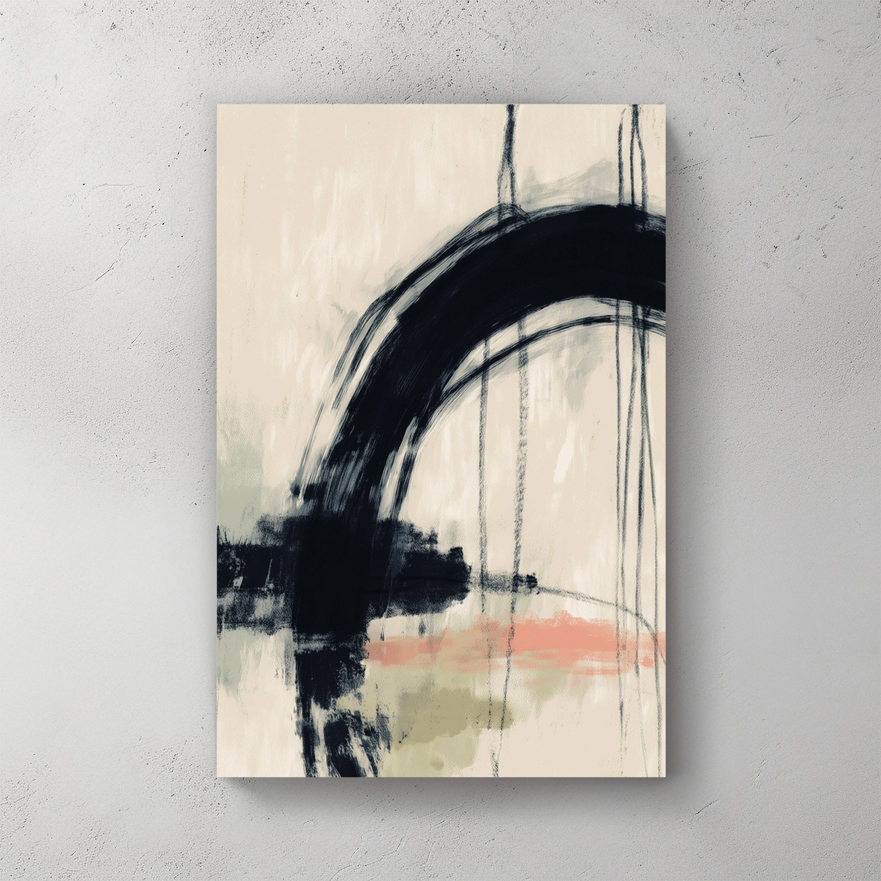 abstract minimalist wall art with black arc and soft muted colors