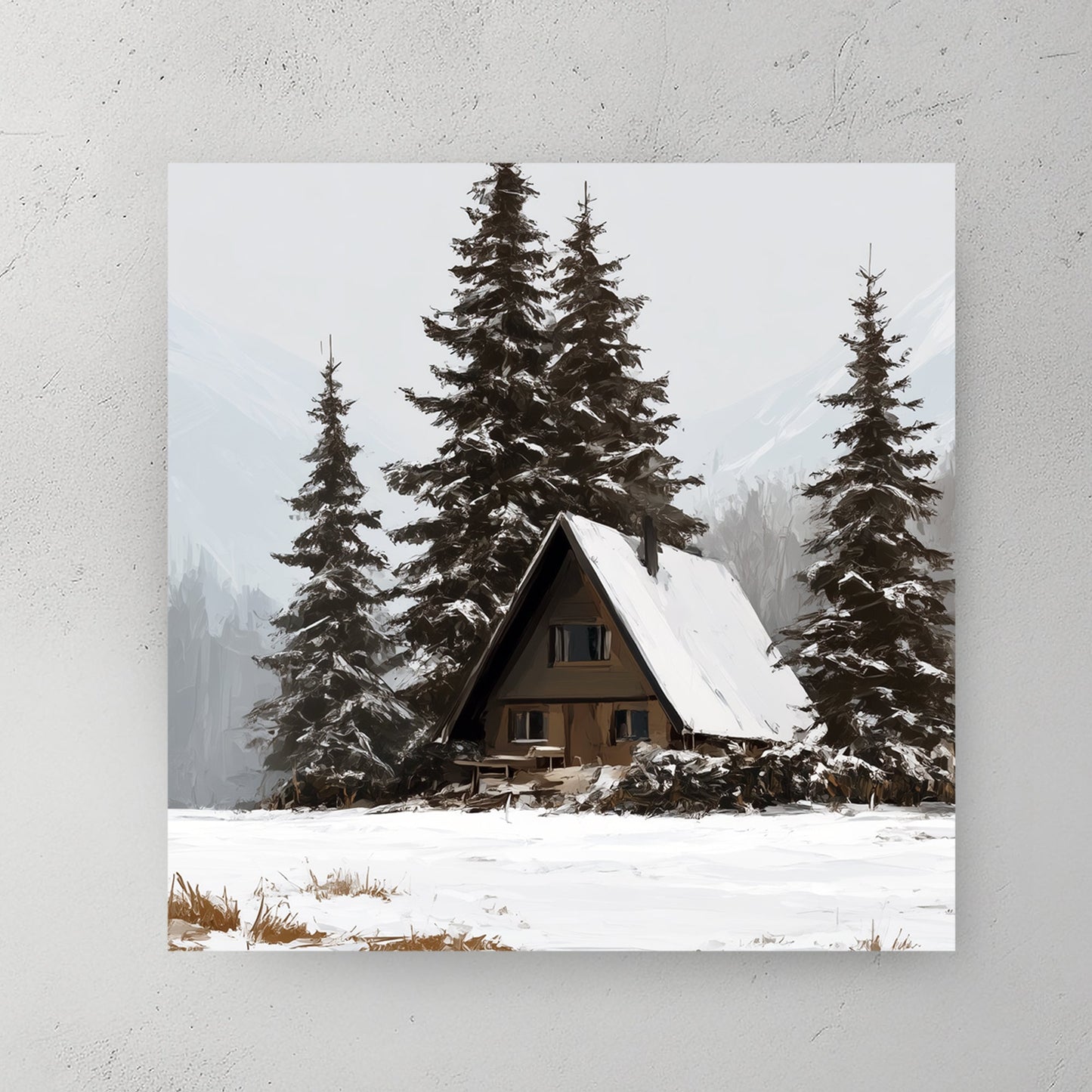 winter cabin wall art in snowy forest landscape