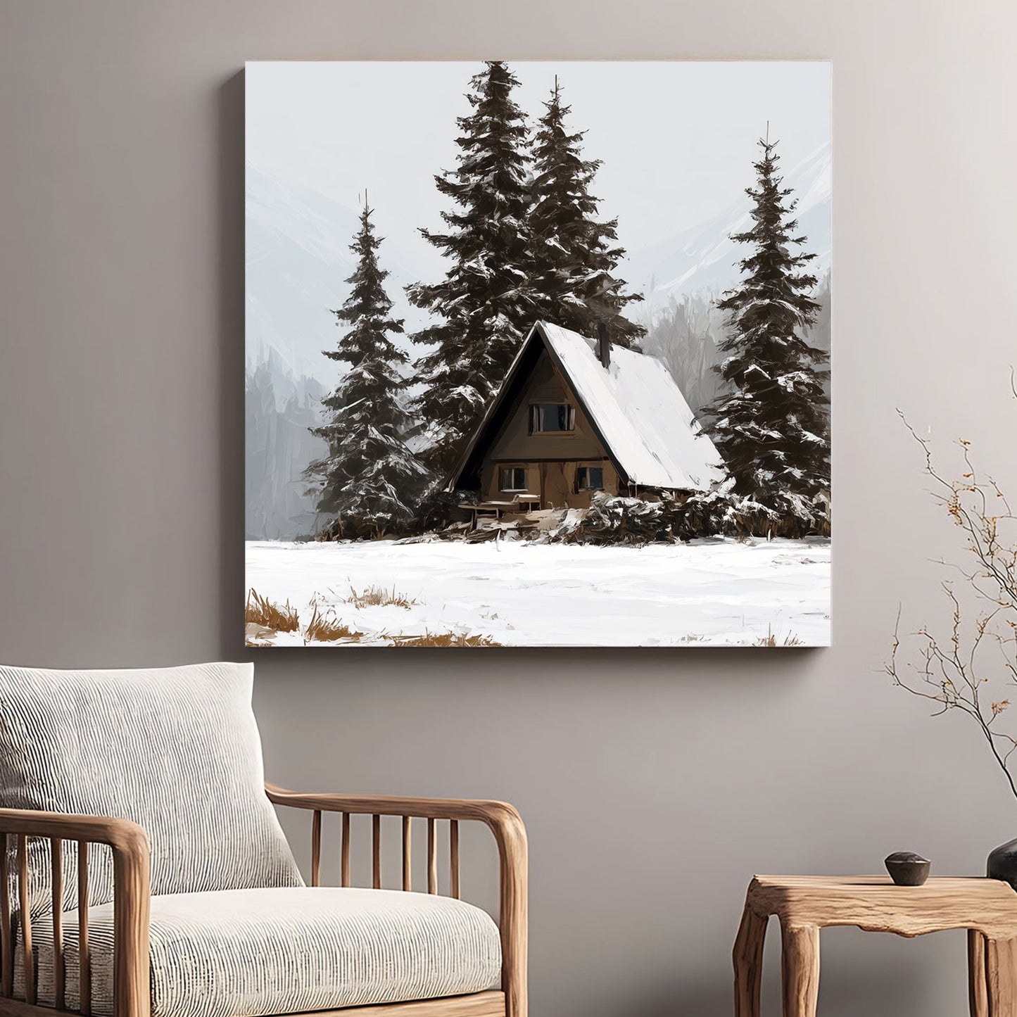 winter cabin wall art in snowy forest landscape