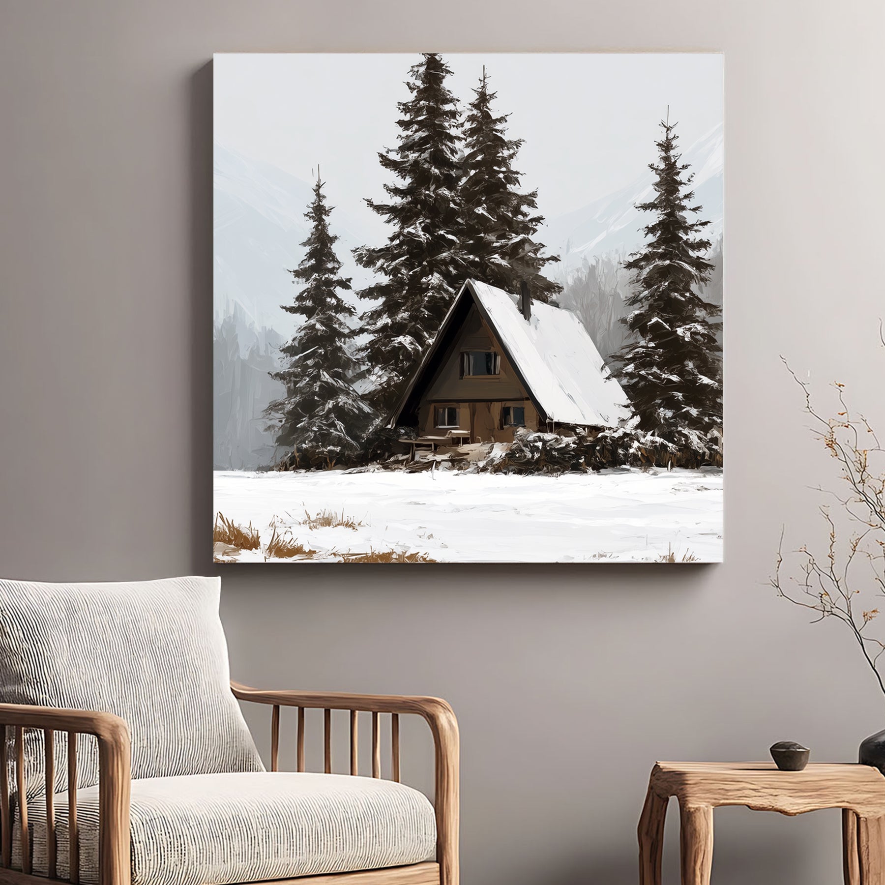 winter cabin wall art in snowy forest landscape