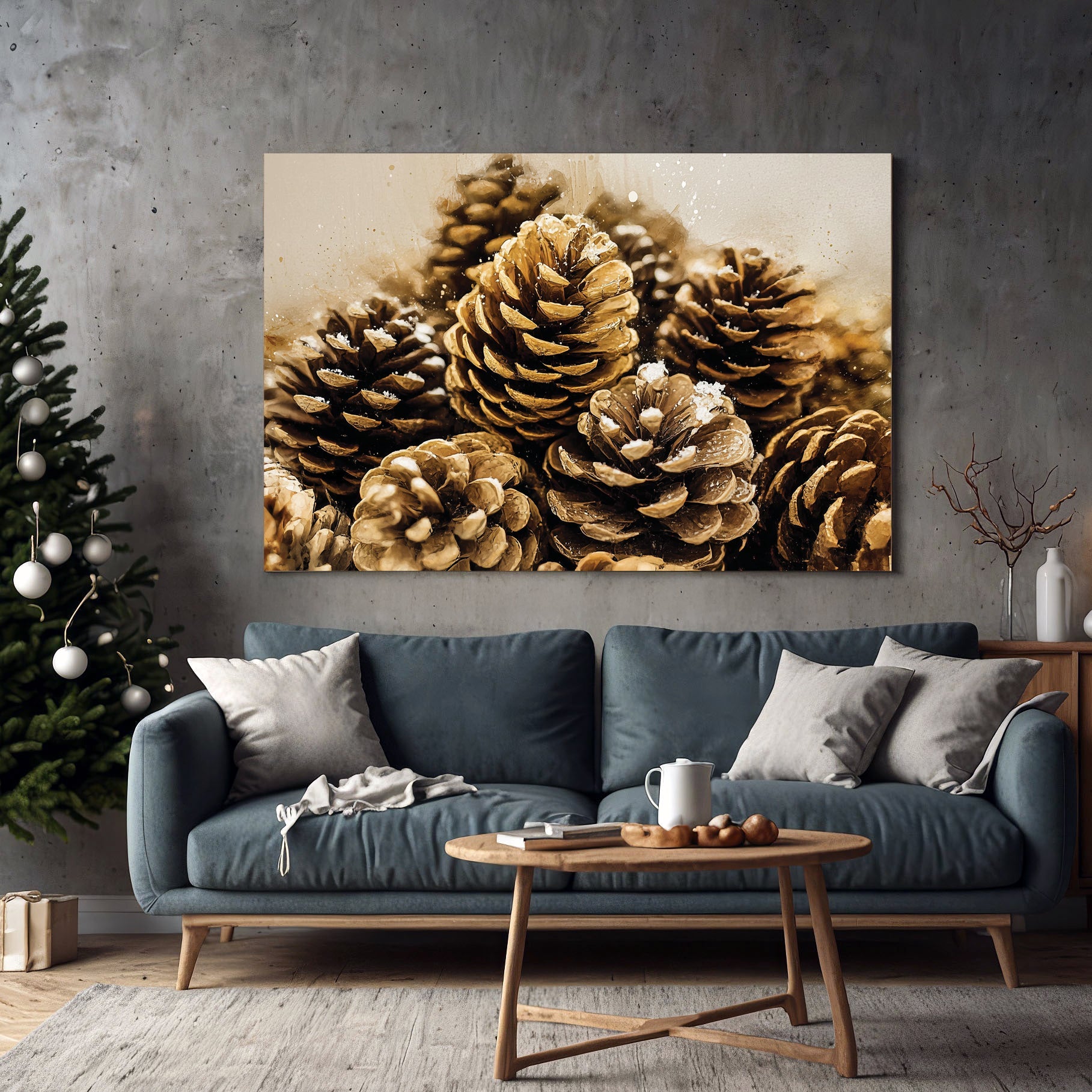 golden pinecone winter wall art print