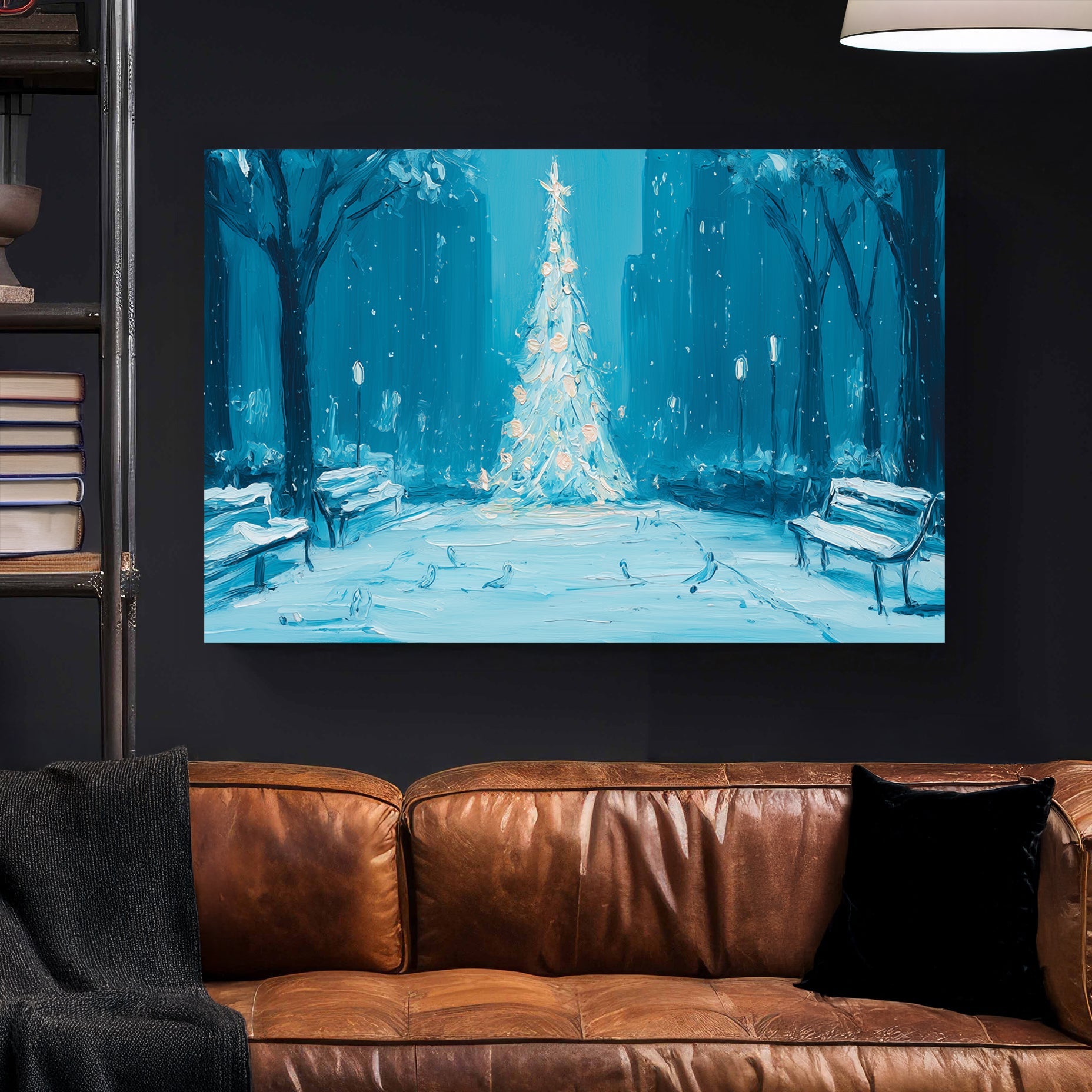 midnight park Christmas tree winter wall art print