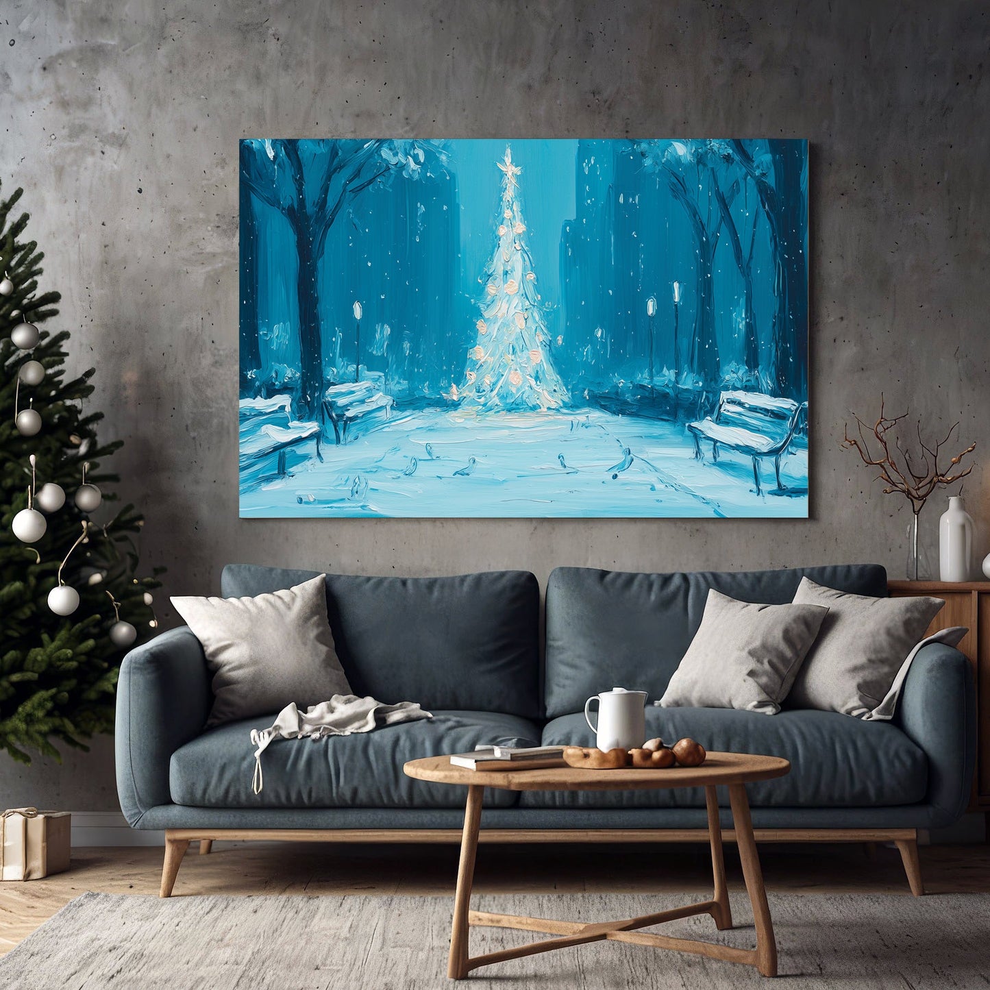 midnight park Christmas tree winter wall art print