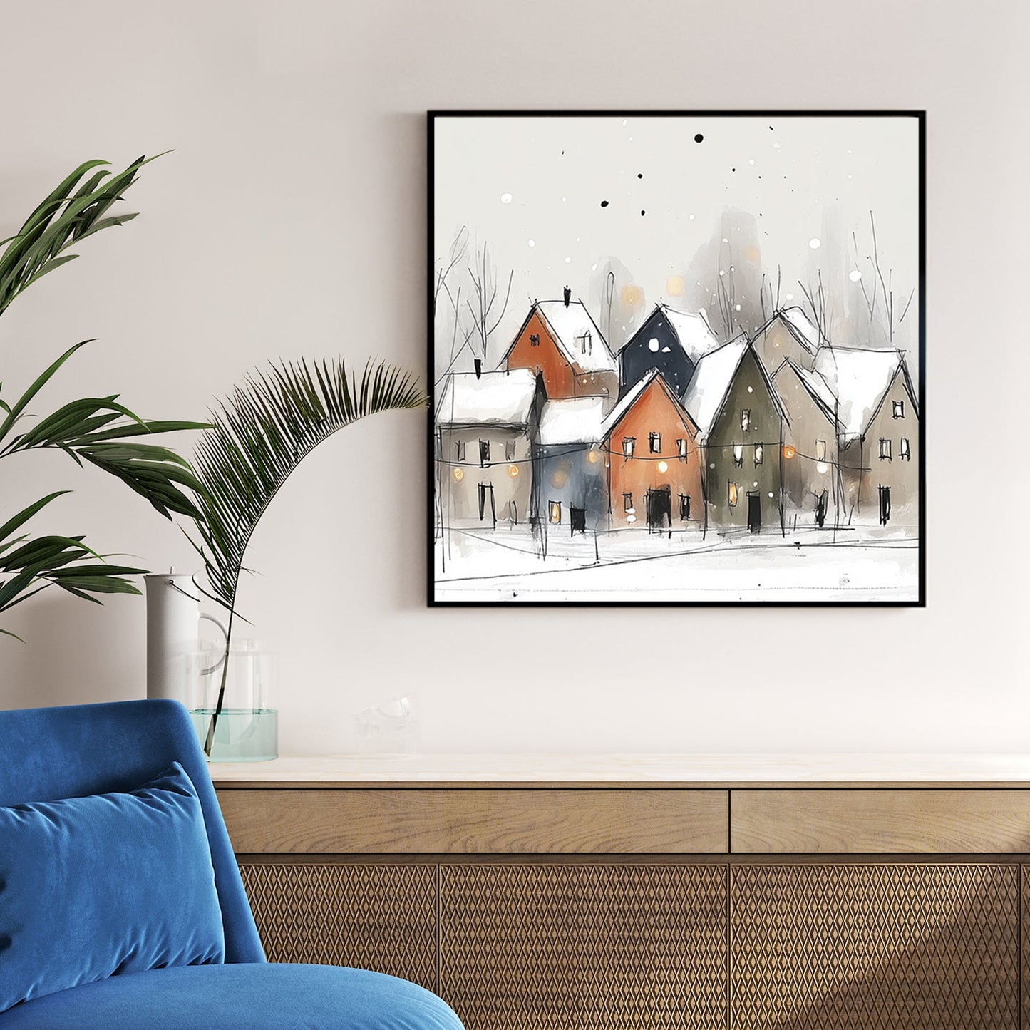 snowy village watercolor wall art with glowing houses