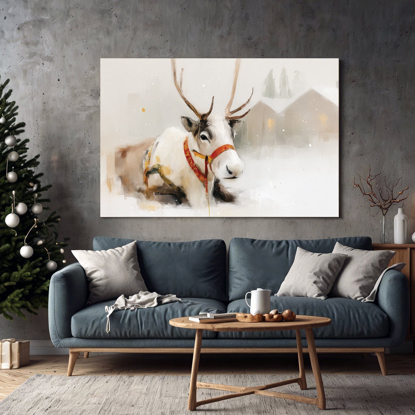 snowy reindeer Christmas wall art illustration