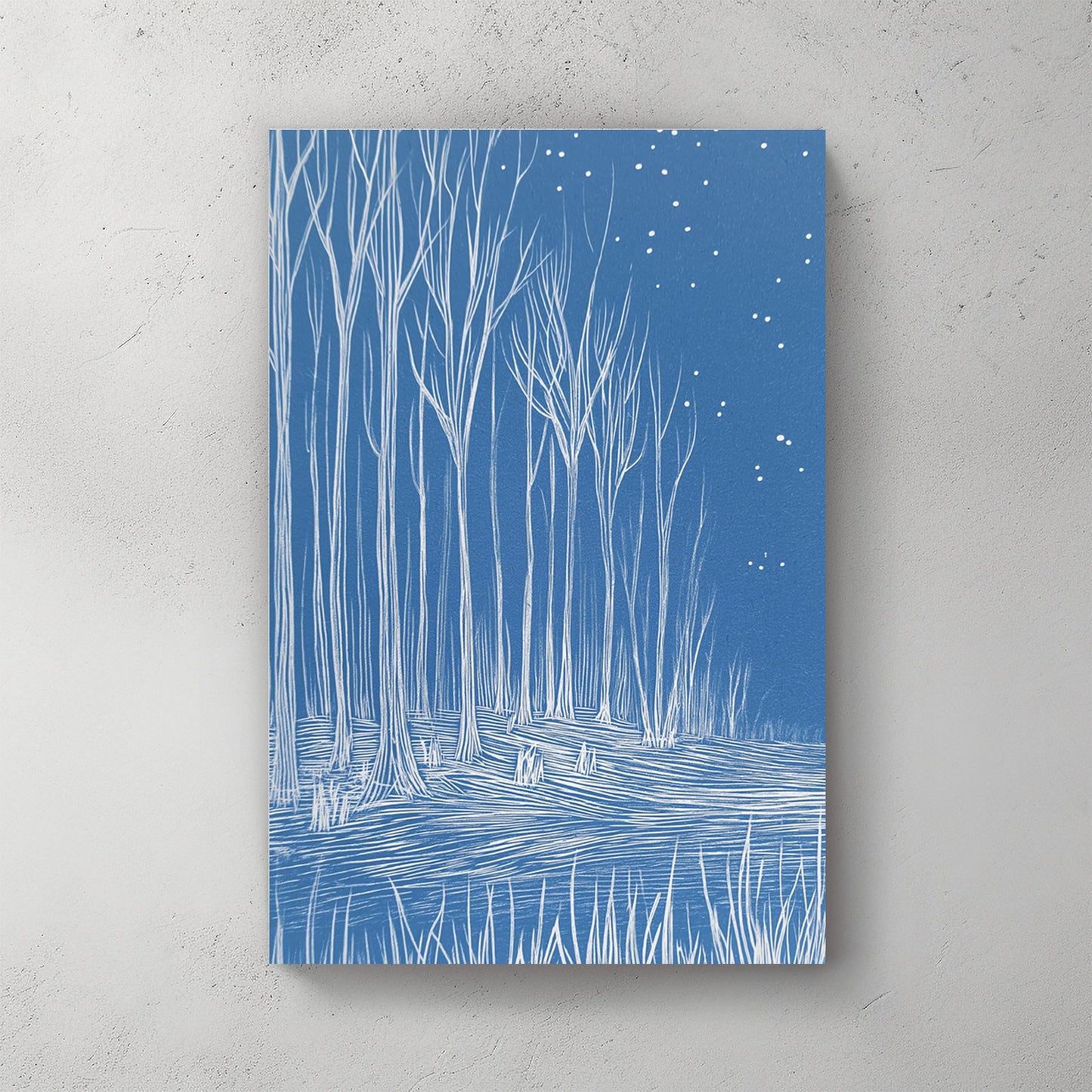 minimalist winter forest blue wall art illustration