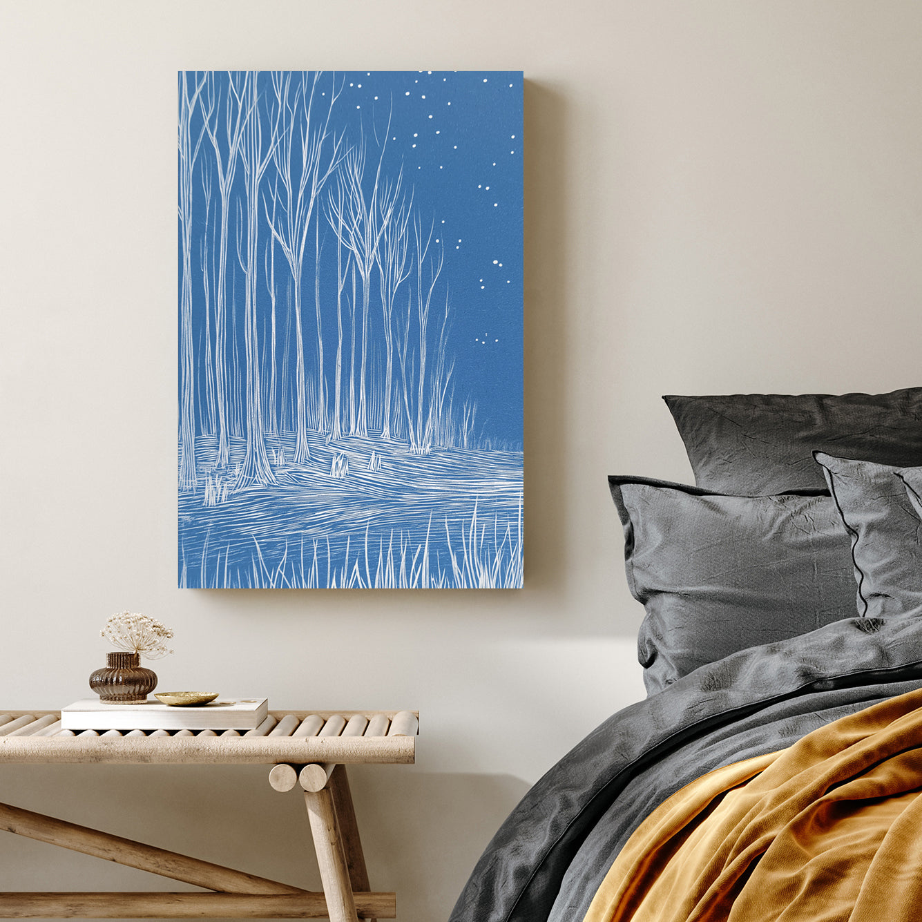 minimalist winter forest blue wall art illustration
