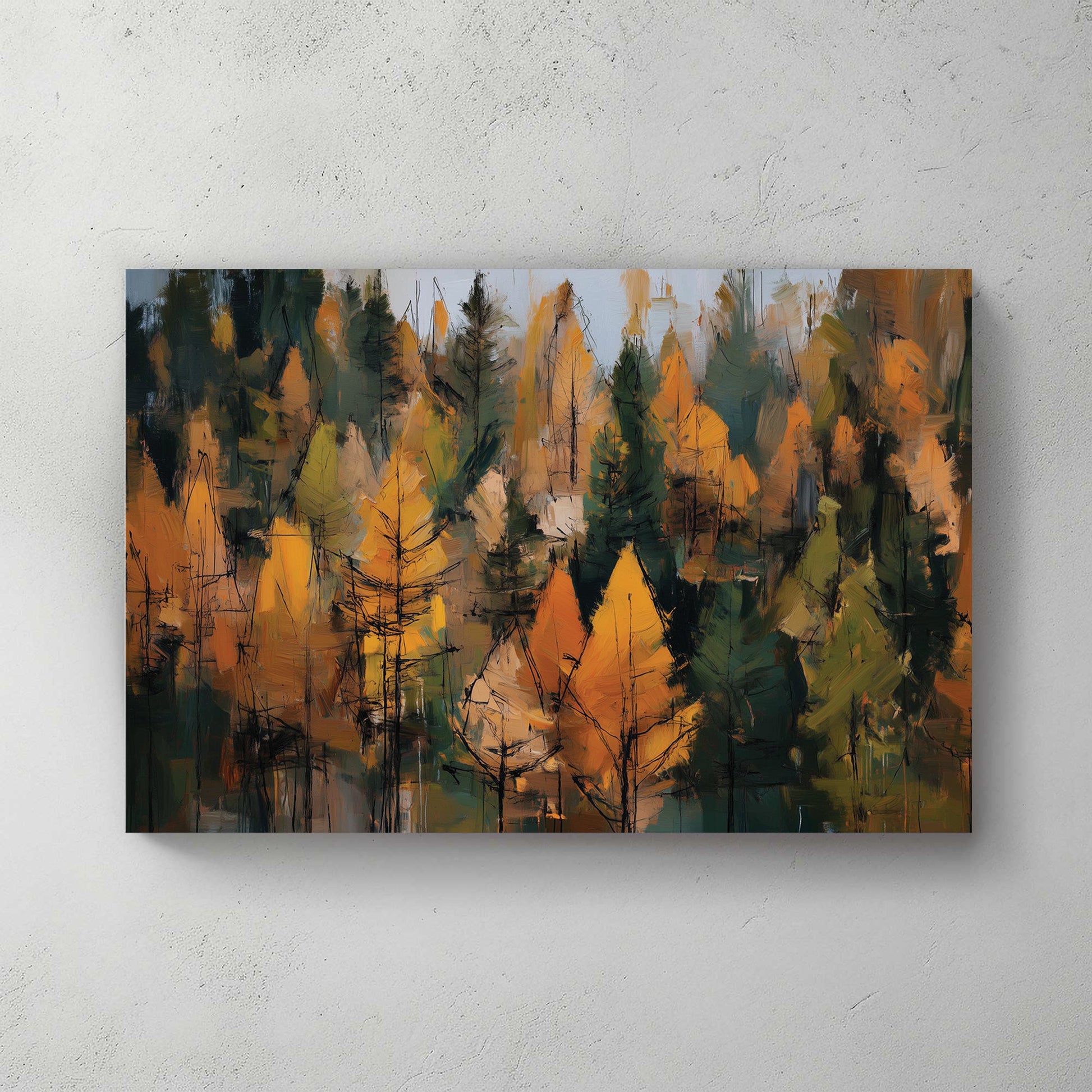 abstract autumn forest wall art in golden and green tones