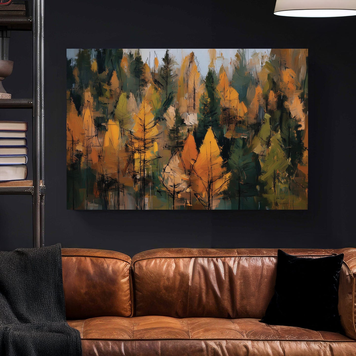 abstract autumn forest wall art in golden and green tones