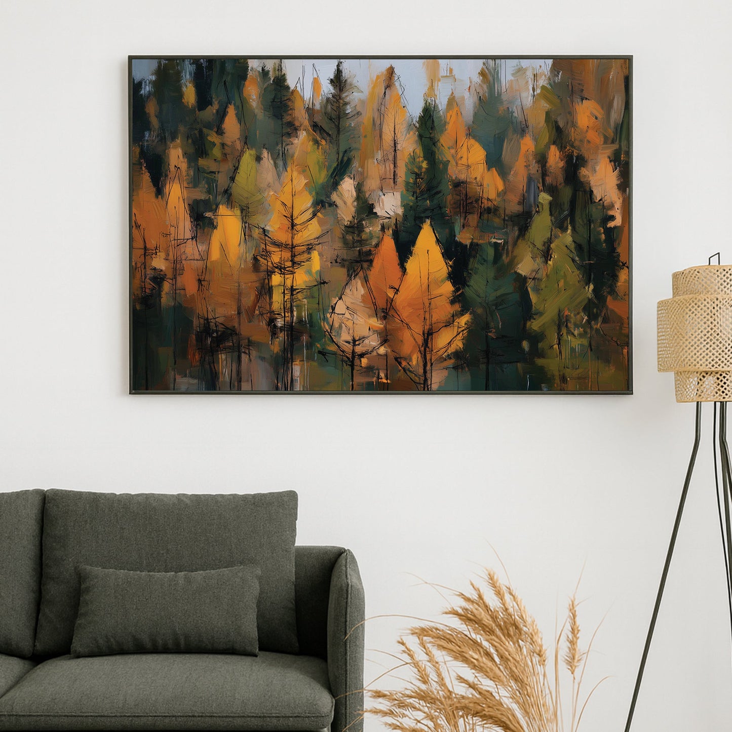 abstract autumn forest wall art in golden and green tones