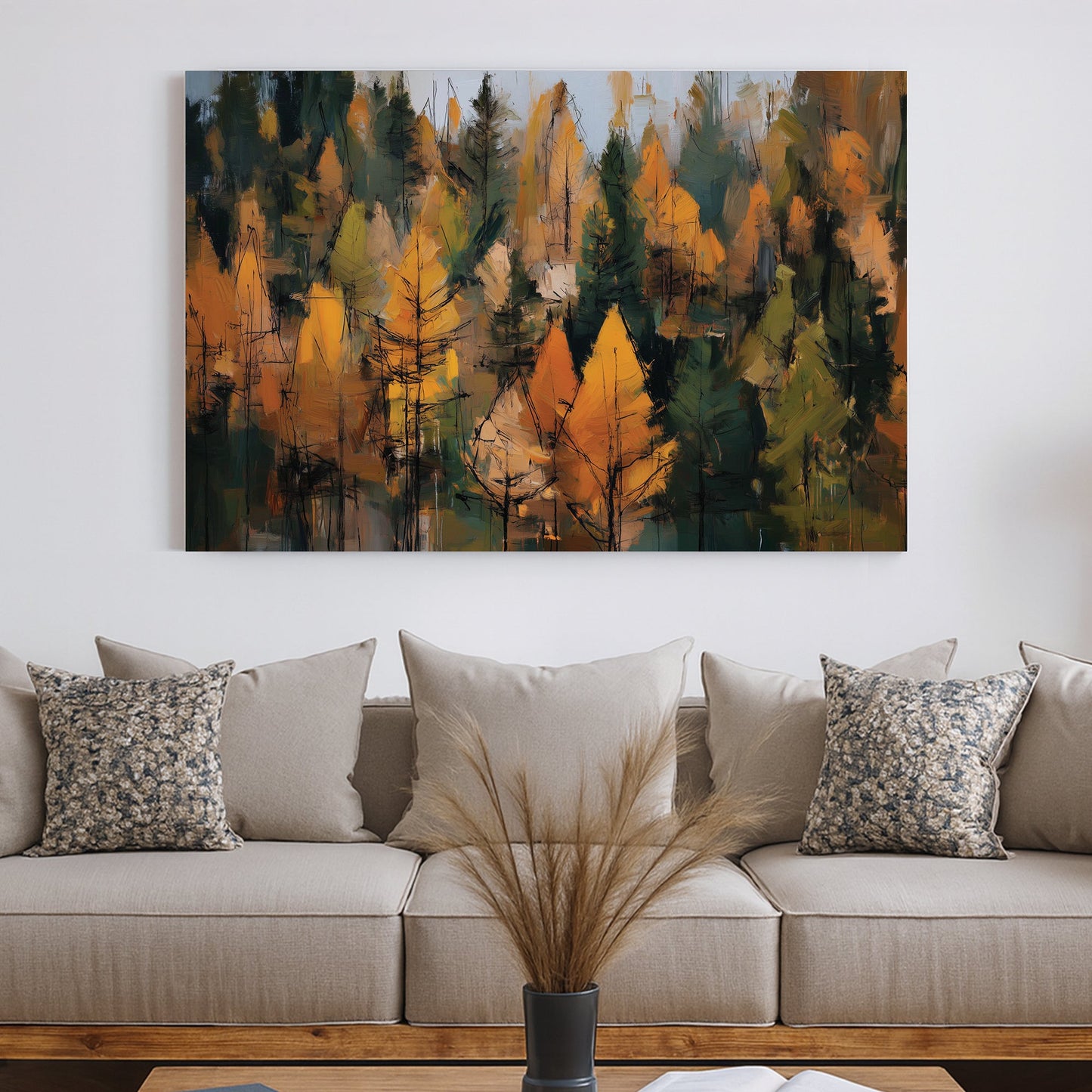 abstract autumn forest wall art in golden and green tones
