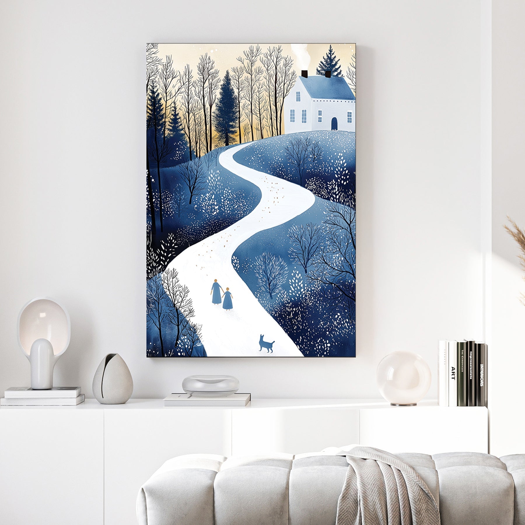 cozy winter stroll cottage scene wall art with snowy path