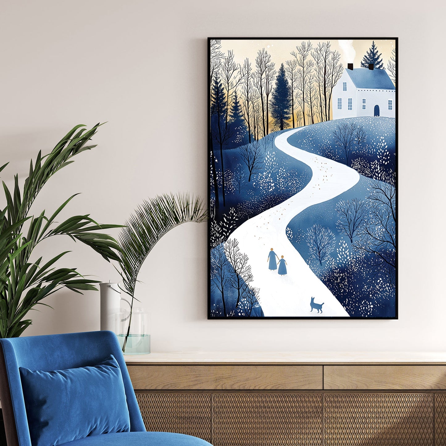cozy winter stroll cottage scene wall art with snowy path