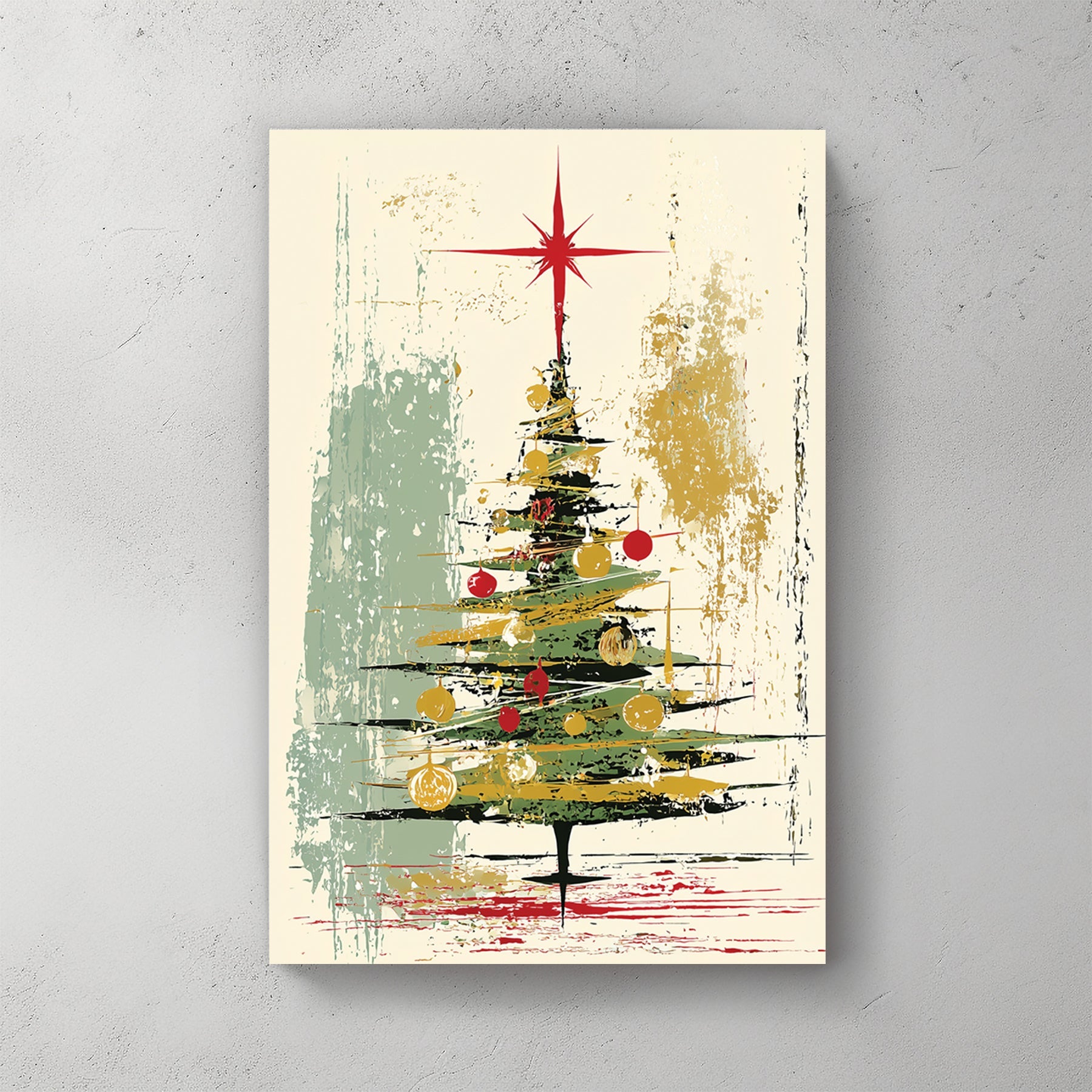 abstract Christmas tree holiday wall art with gold and red accents