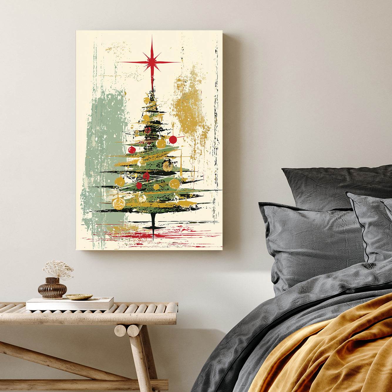 abstract Christmas tree holiday wall art with gold and red accents