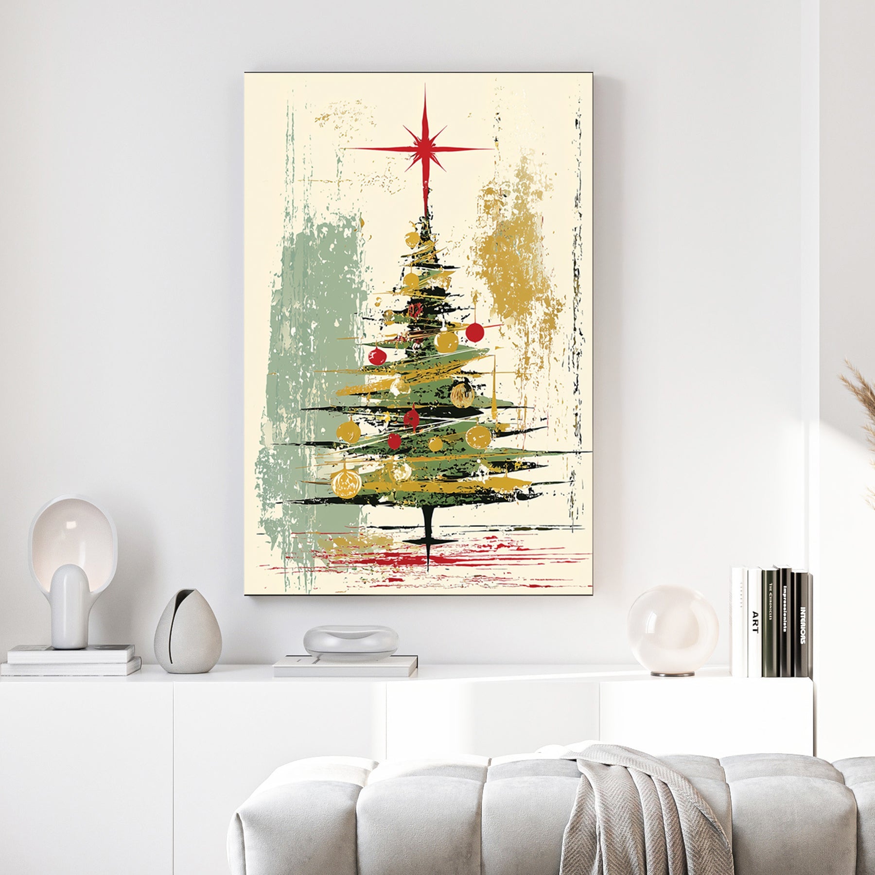 abstract Christmas tree holiday wall art with gold and red accents