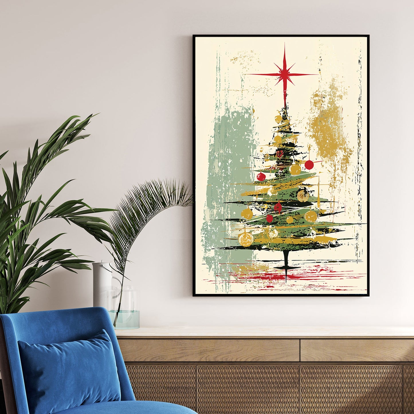 abstract Christmas tree holiday wall art with gold and red accents