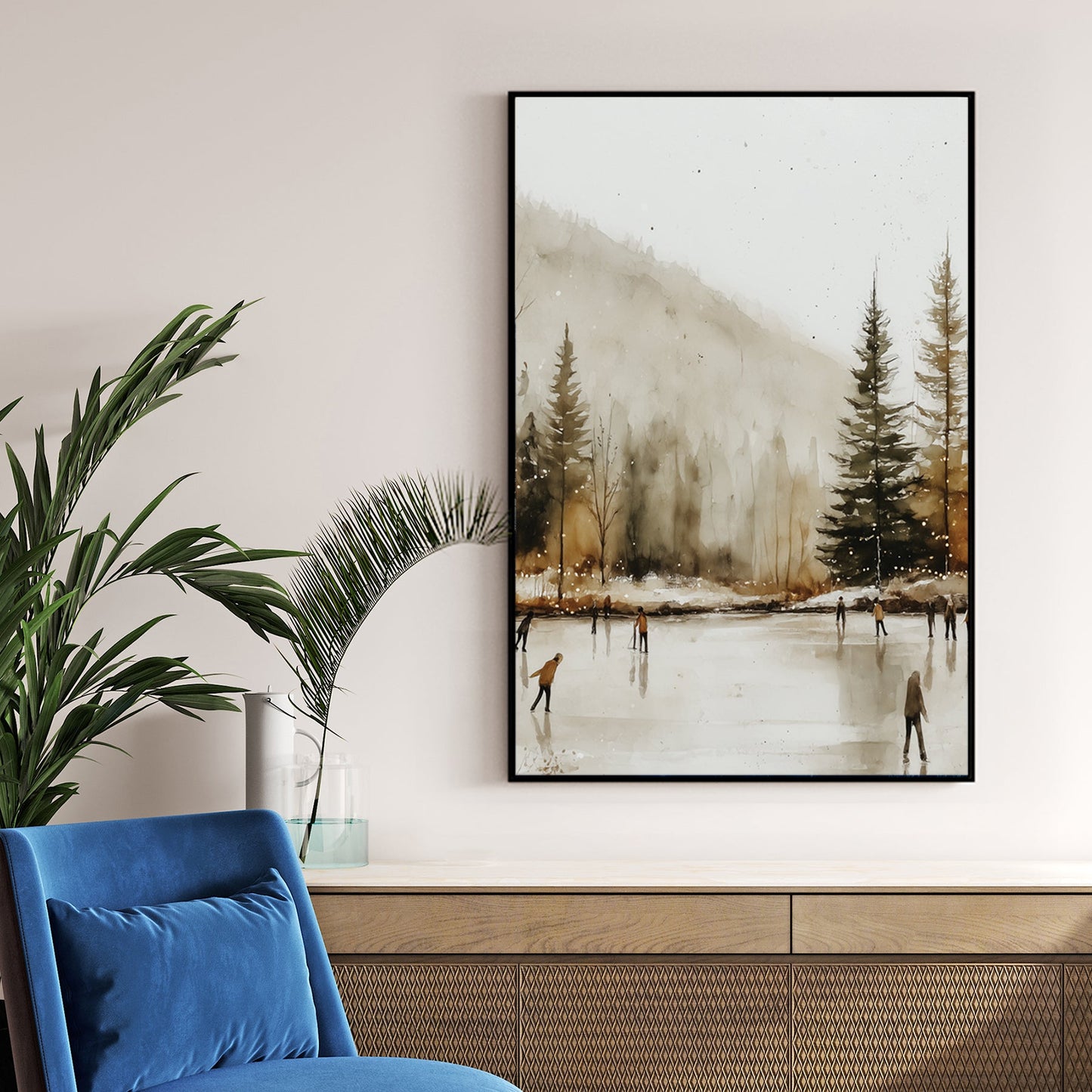 serene winter skaters landscape wall art print