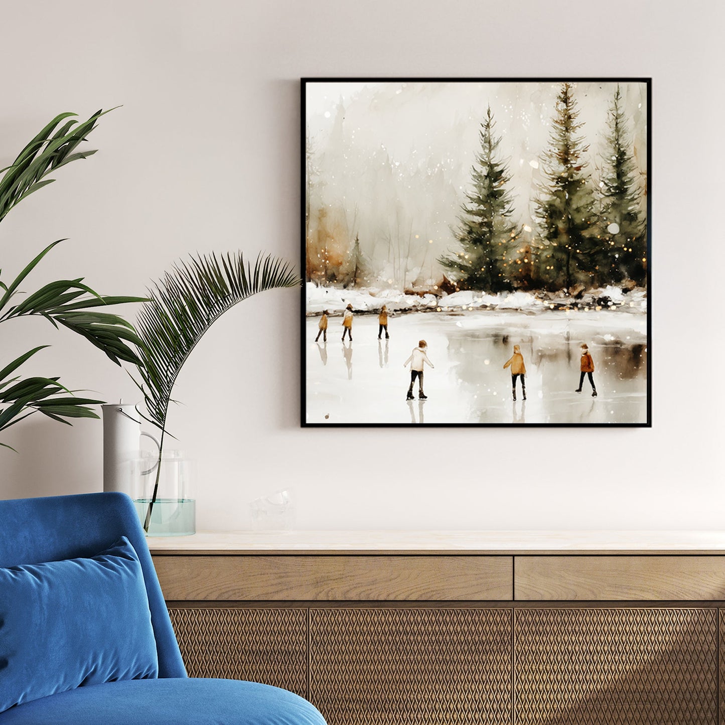 winter skaters on frozen lake watercolor wall art print