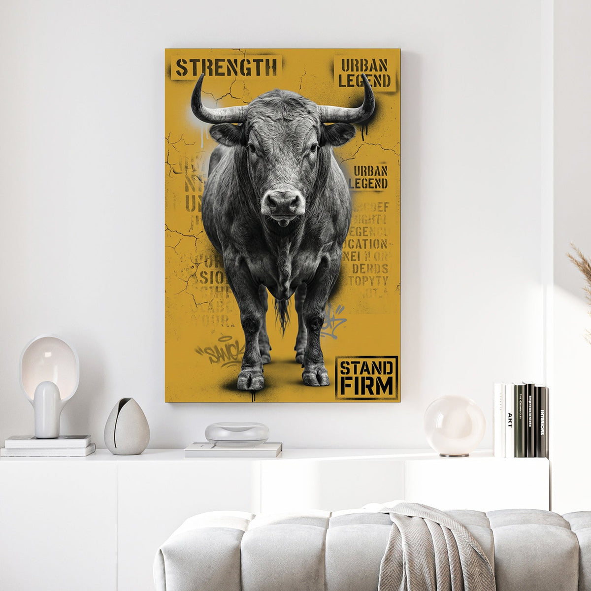 Monochrome bull street art with yellow background and motivational text wall art.