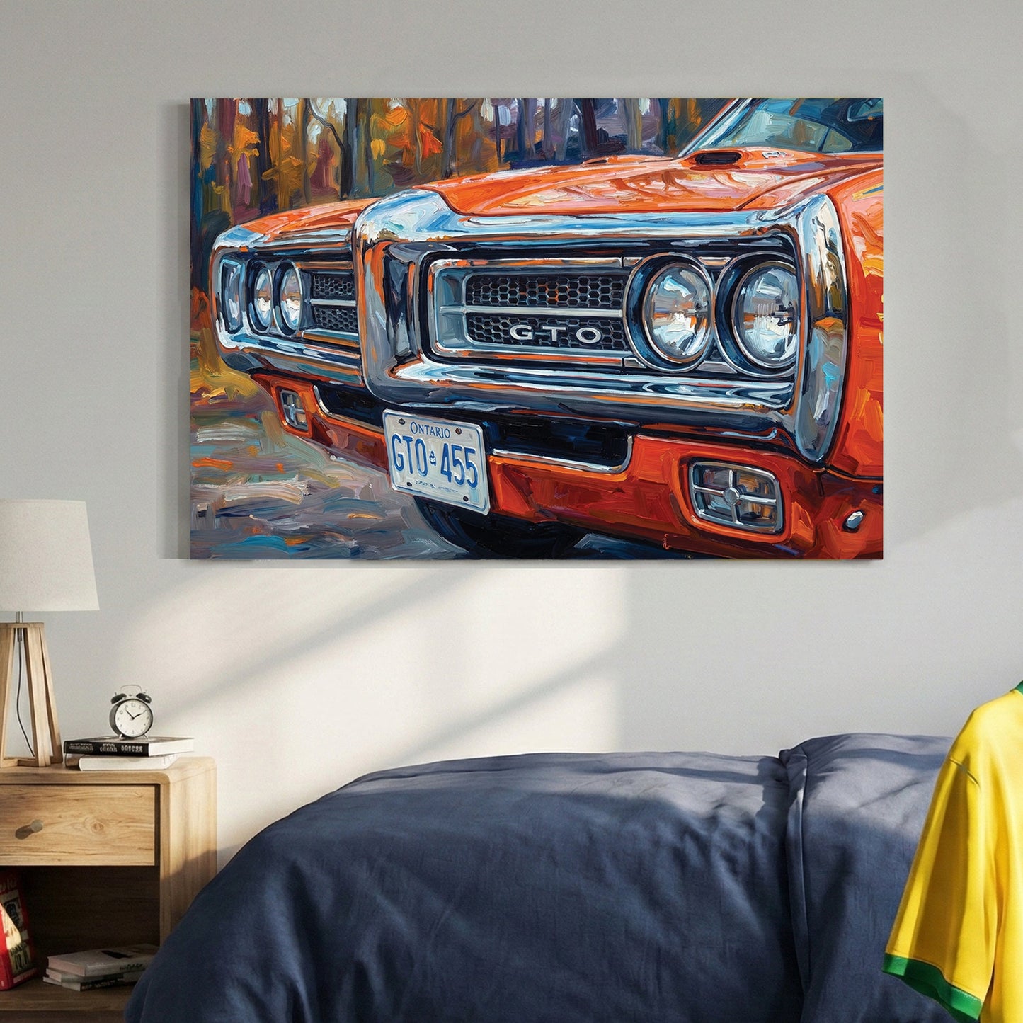 Impressionist painting of an orange 1970 Pontiac GTO front grille wall art.