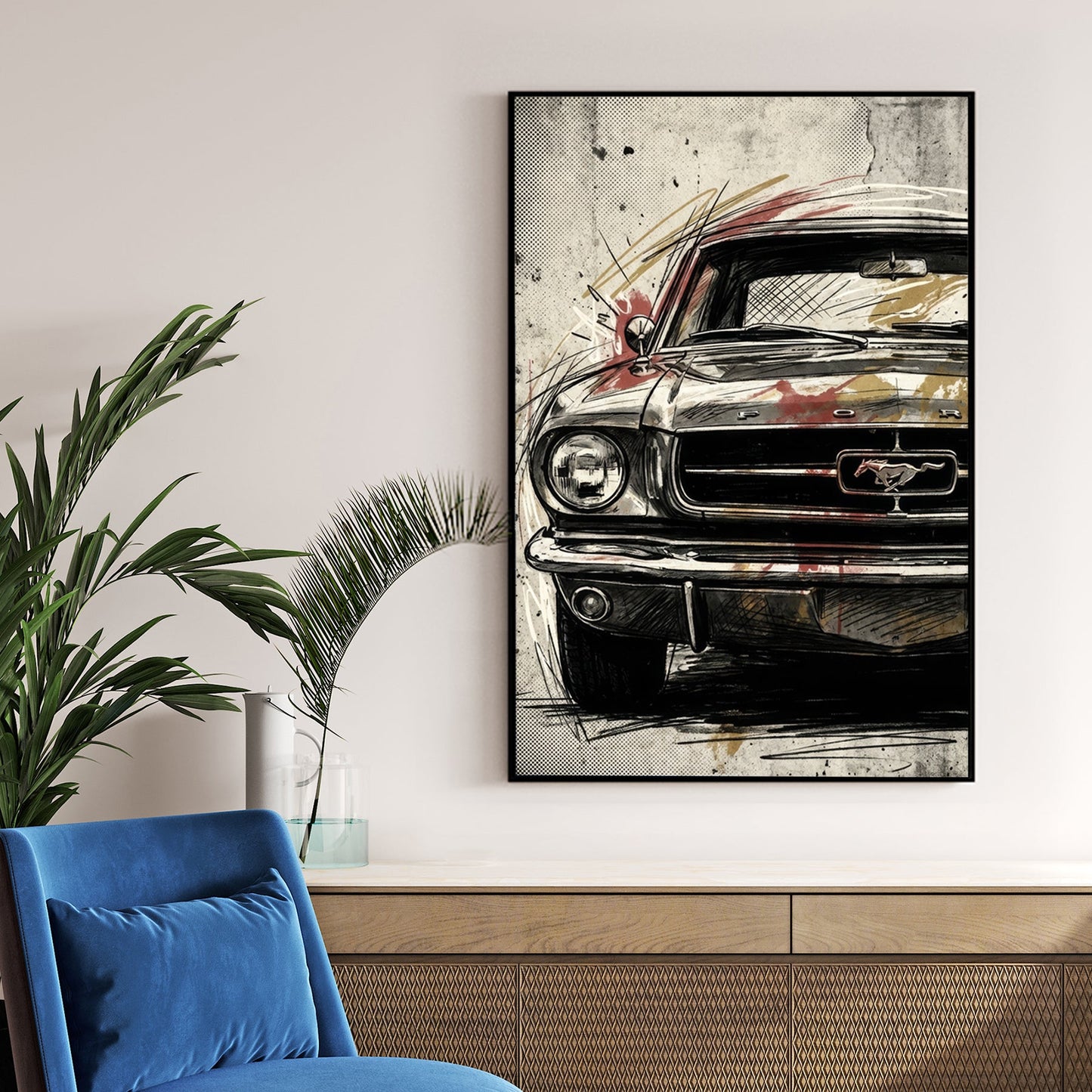 Vintage Ford Mustang street art wall art illustration with black ink and halftone patterns.