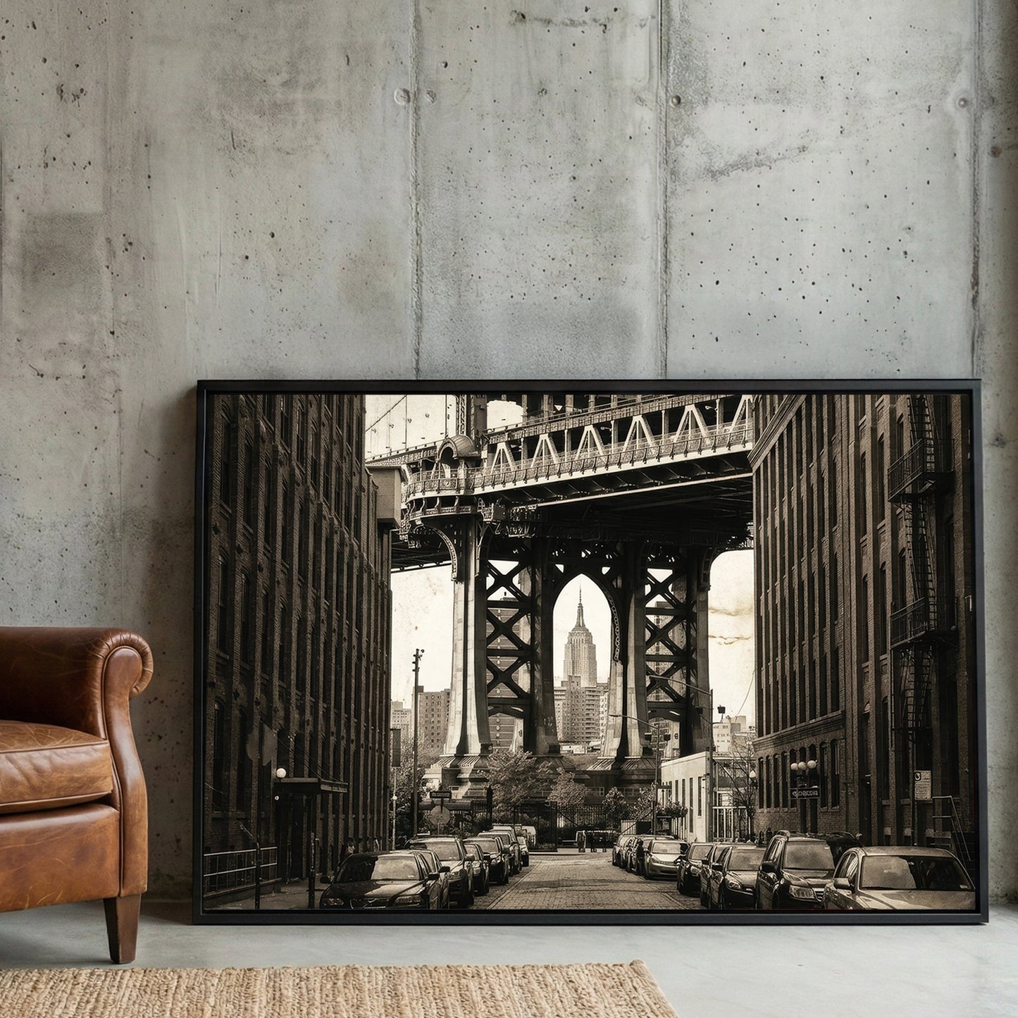 Sepia photography of Manhattan Bridge framing the Empire State Building urban wall art.