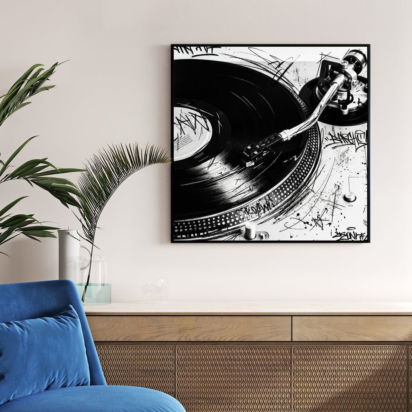 Black and white Technics SL-1200 turntable wall art with graffiti doodles and vinyl record.