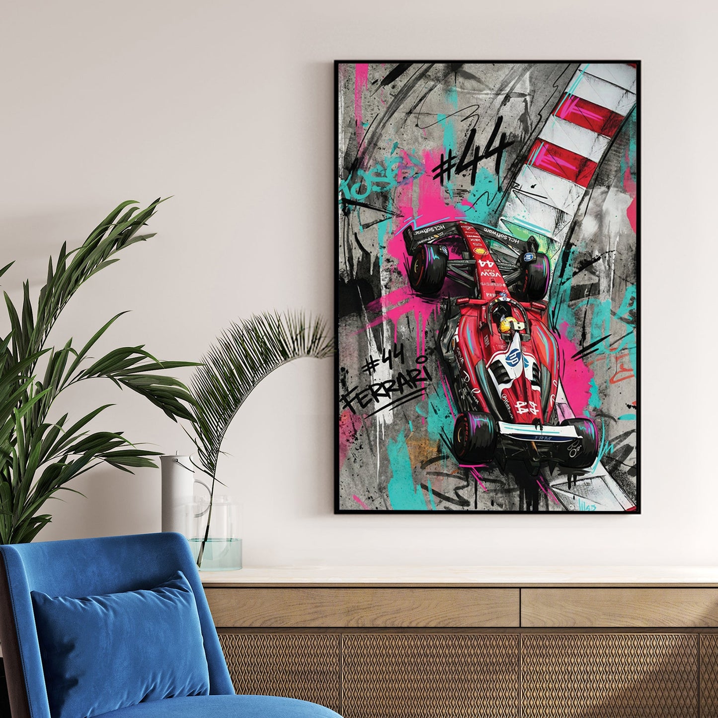 Lewis Hamilton Ferrari F1 car #44 with street art graffiti and neon accents wall art.