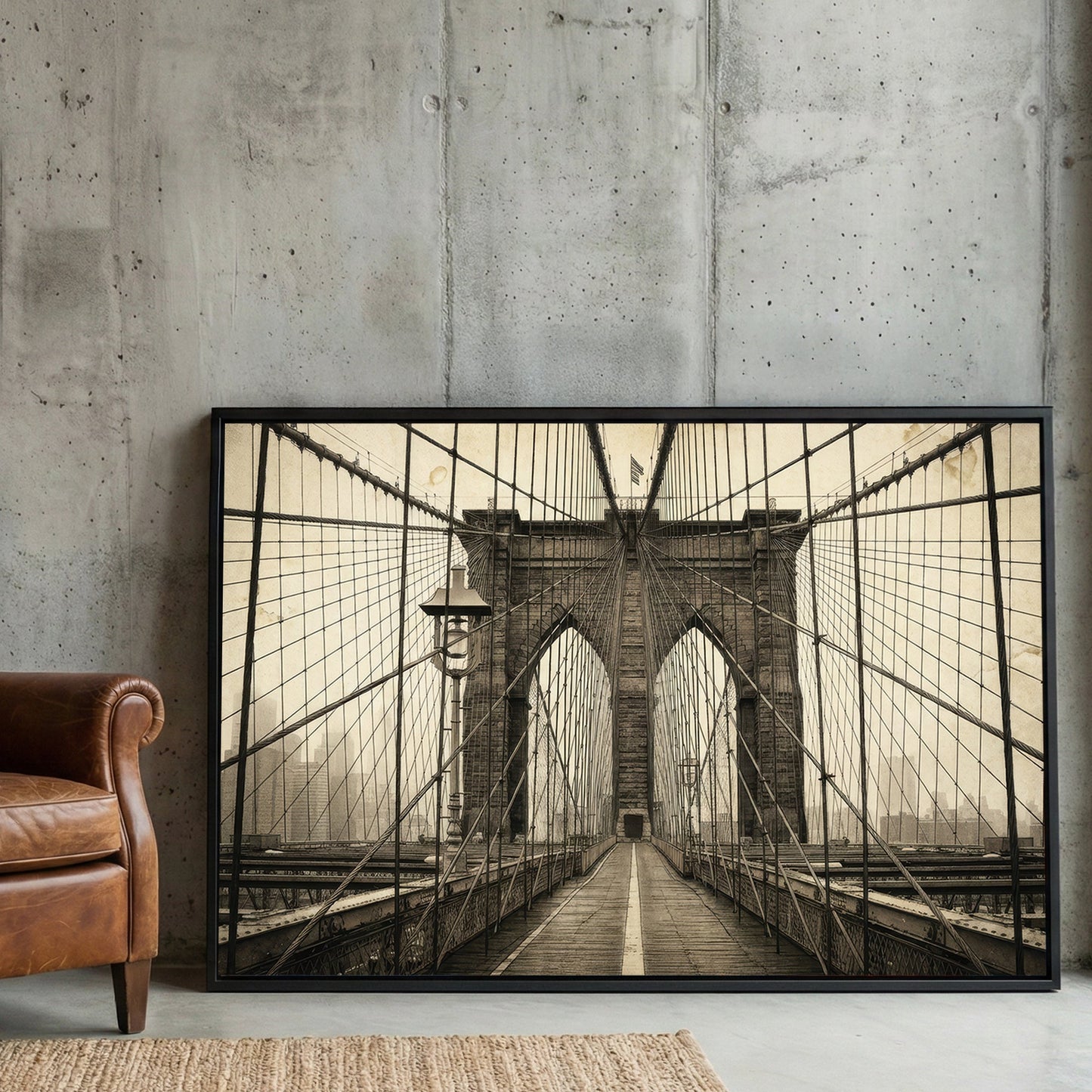 Brooklyn Bridge vintage photography wall art with architectural arches and cables.