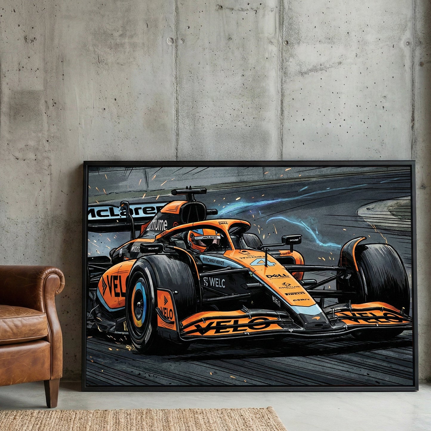 McLaren F1 racing car illustration with speed lines wall art