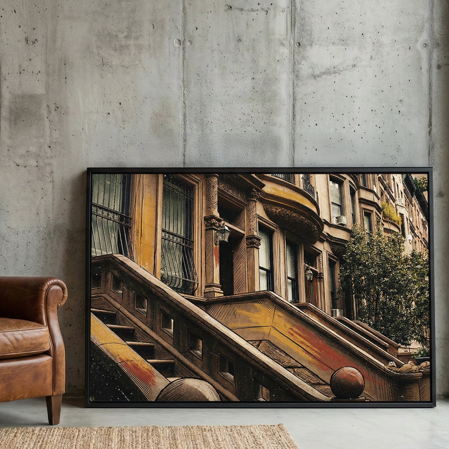 Vintage illustration of Brooklyn Brownstone architecture wall art in warm earth tones.