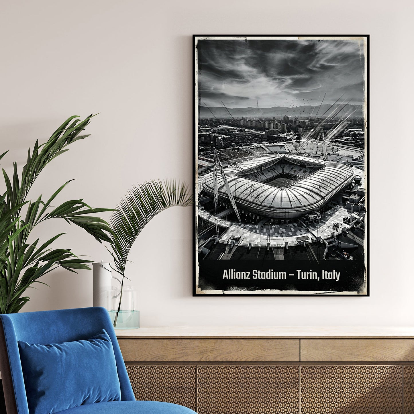 Monochrome aerial view of Allianz Stadium in Turin Italy wall art.