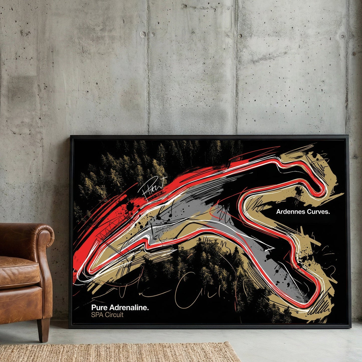 Abstract red and white SPA Circuit racetrack layout wall art over a dark forest background.