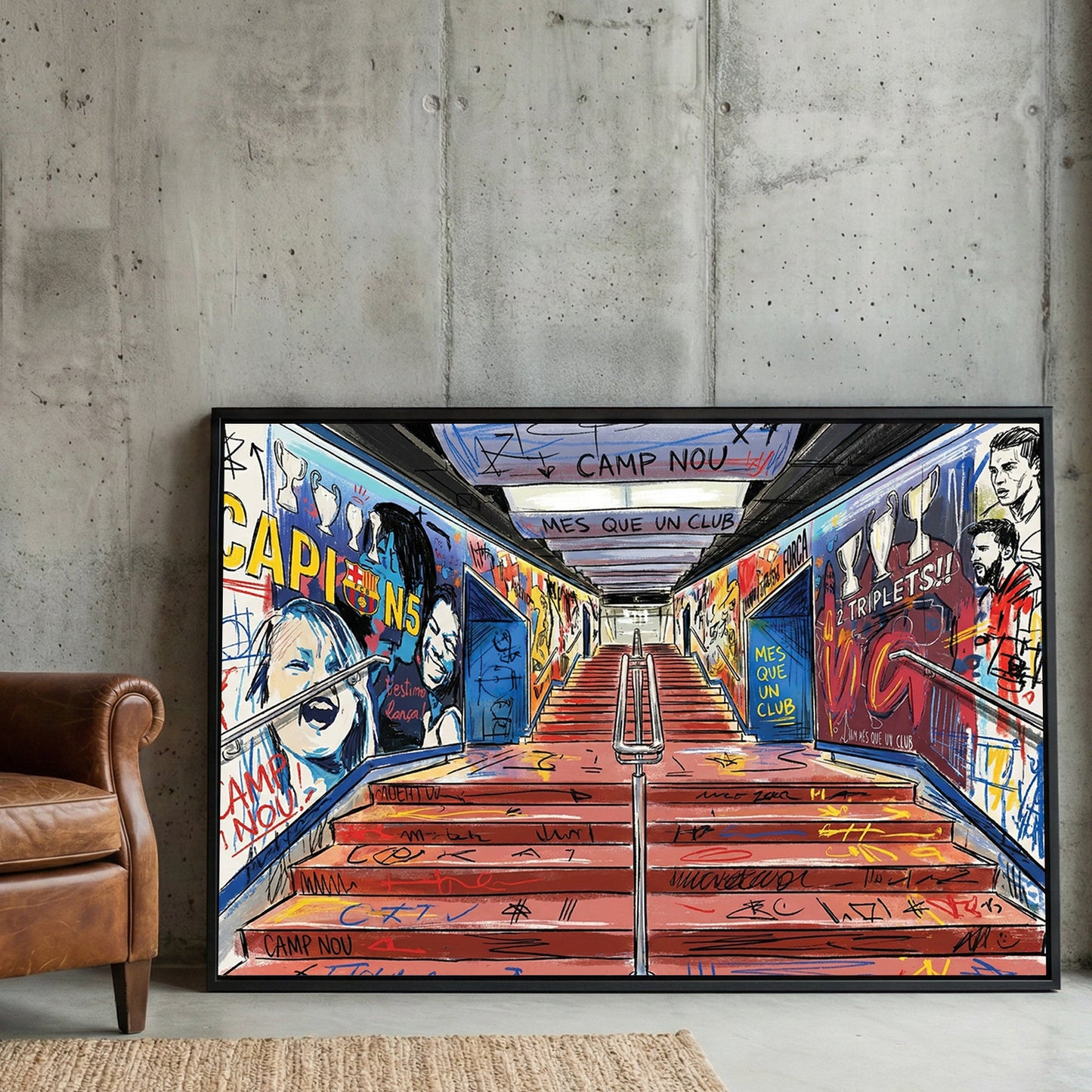 Camp Nou wall art with FC Barcelona graffiti, Lionel Messi sketches, and stadium tunnel visuals.