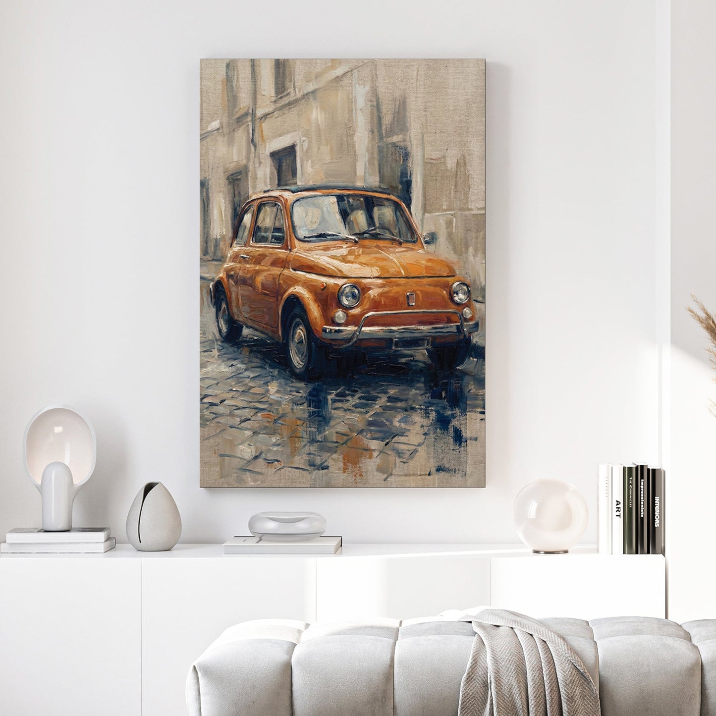 Impressionist orange Fiat 500 wall art on a cobblestone street.