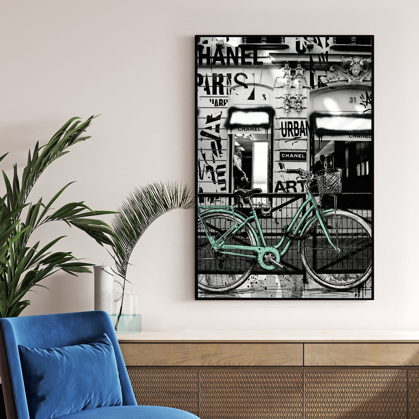 Chanel Paris wall art featuring a mint bicycle and urban graffiti elements.