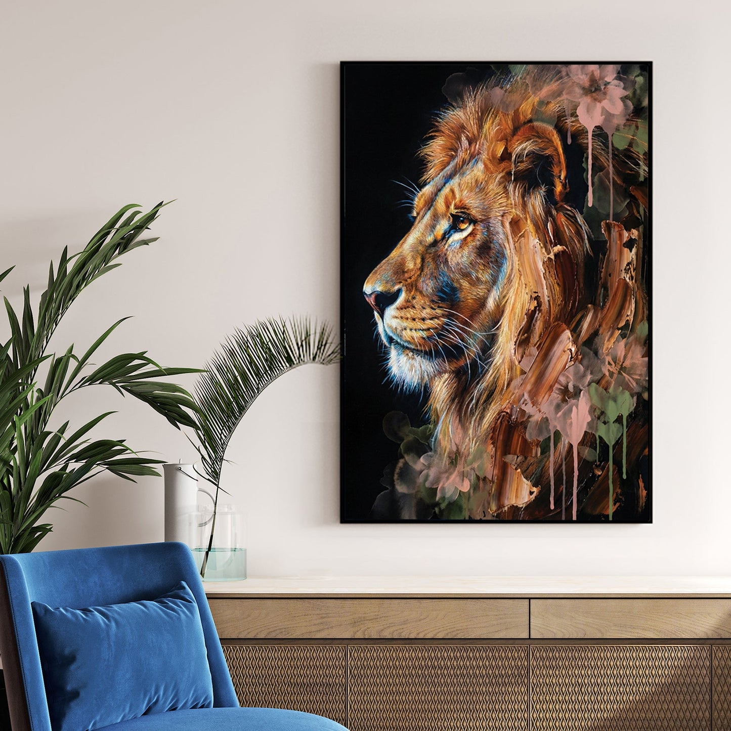 Profile of a lion with watercolour floral accents and drips in a contemporary wall art style.