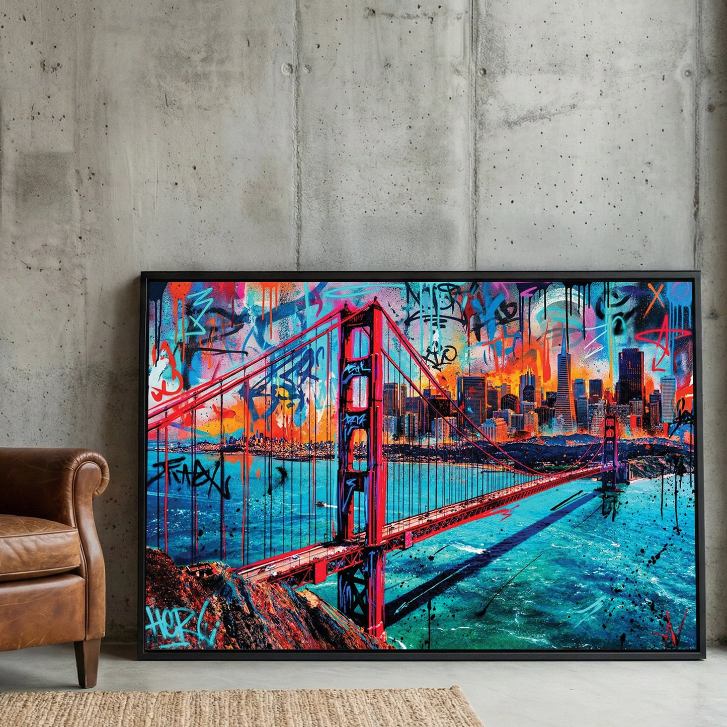 Golden Gate Bridge and San Francisco skyline in a vibrant graffiti street art wall art style.