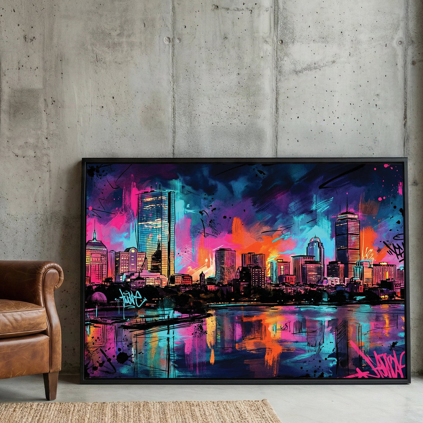 Boston skyline street art featuring neon graffiti and city reflections wall art.