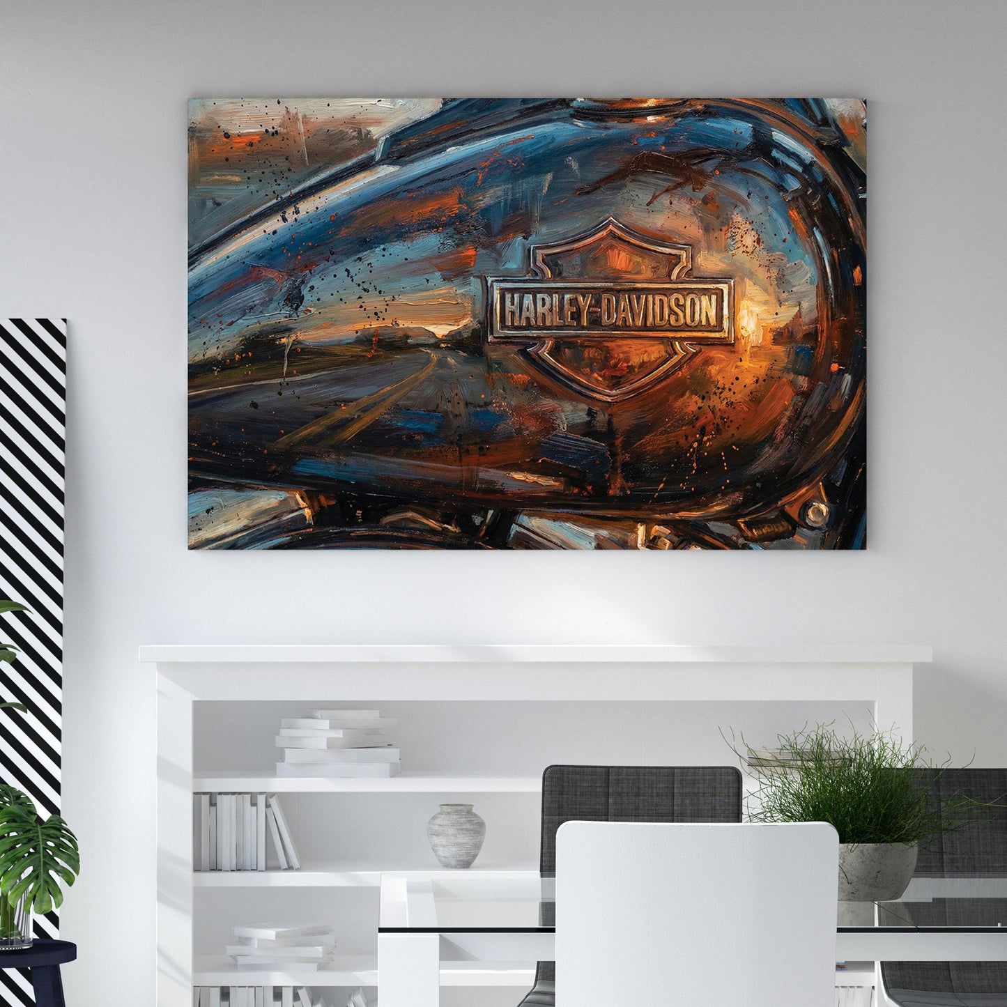 Harley-Davidson motorcycle fuel tank expressionism wall art with orange sunset reflections.