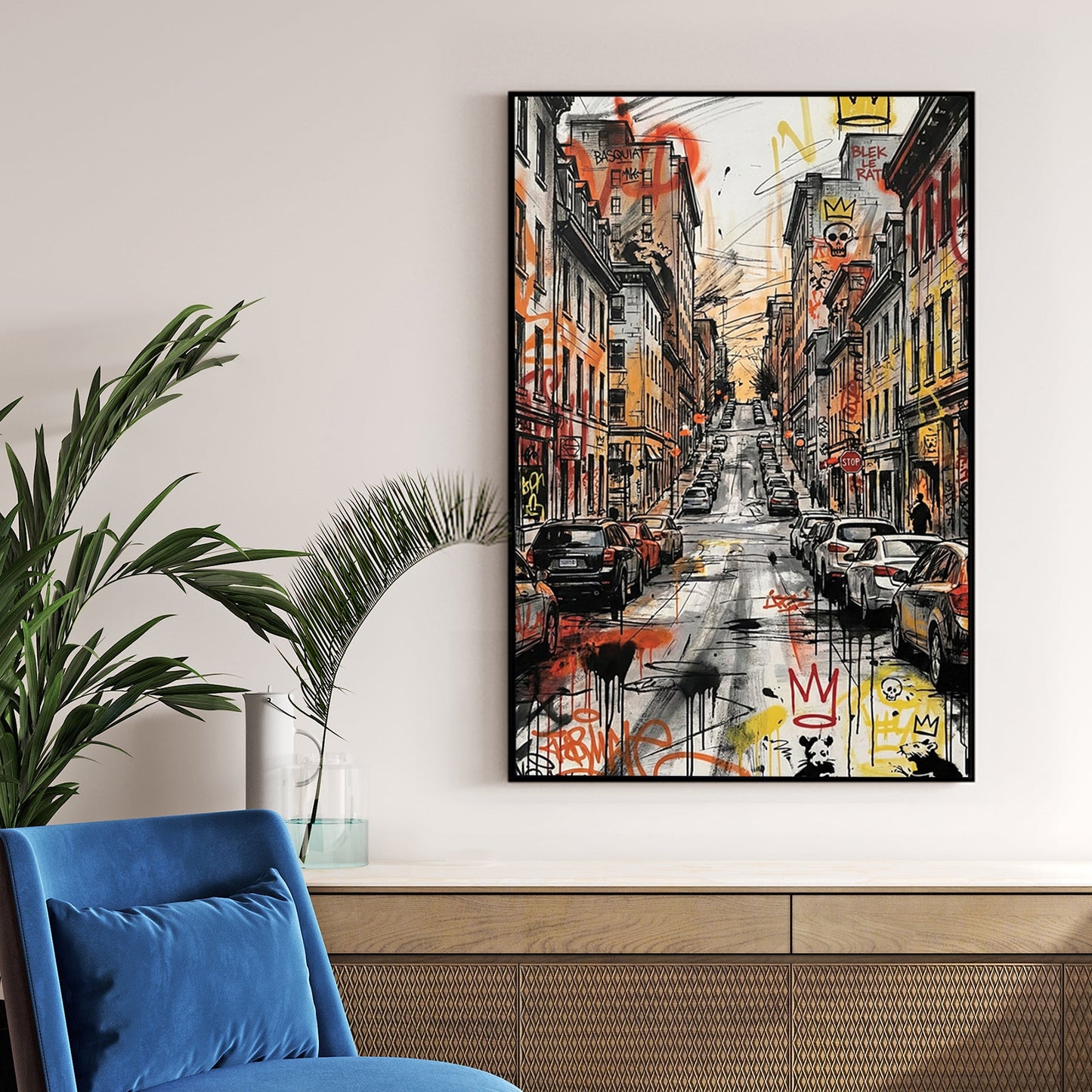 Urban city street wall art featuring Basquiat and Blek le Rat graffiti and parked cars.