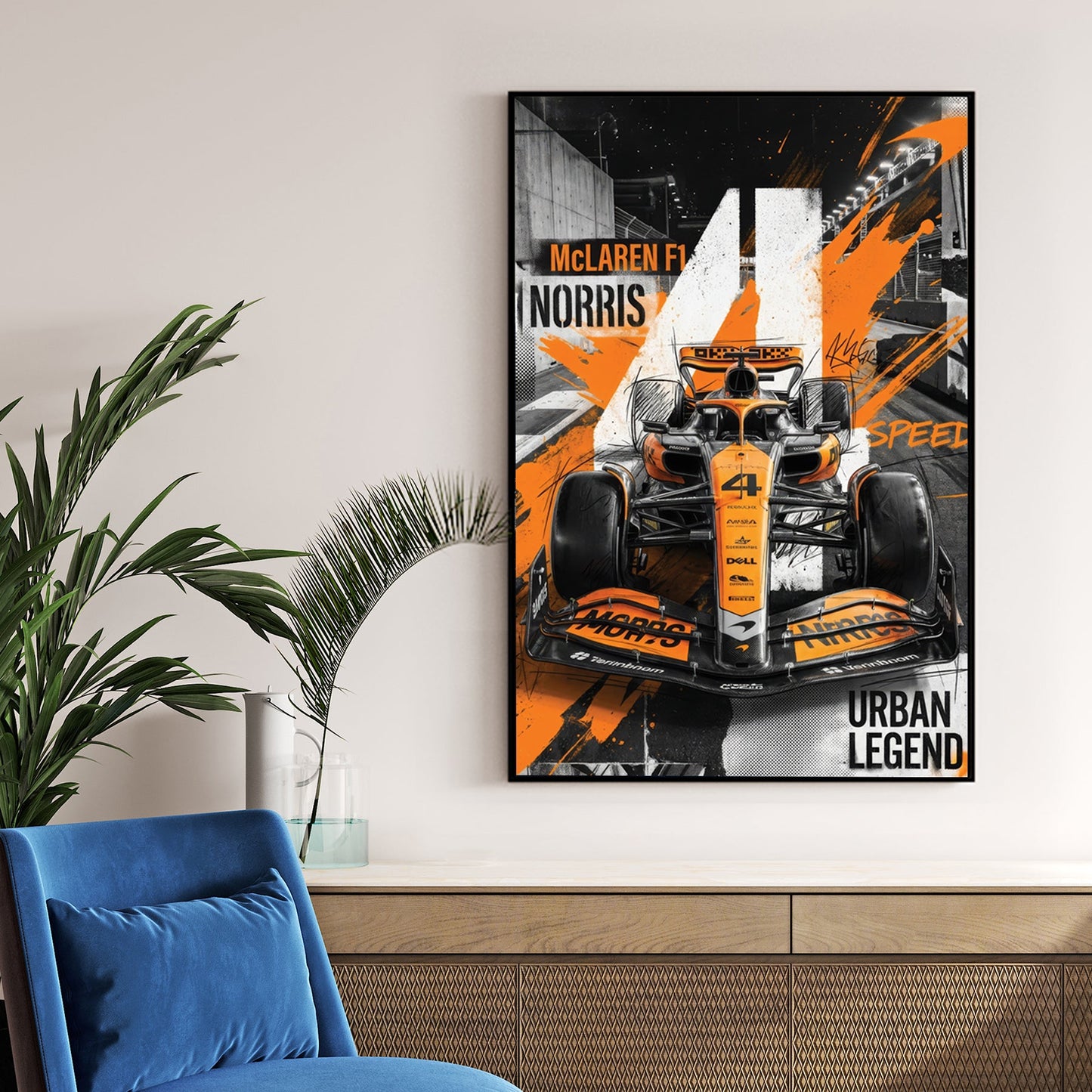 Lando Norris McLaren F1 car in orange and black urban street art style wall art.