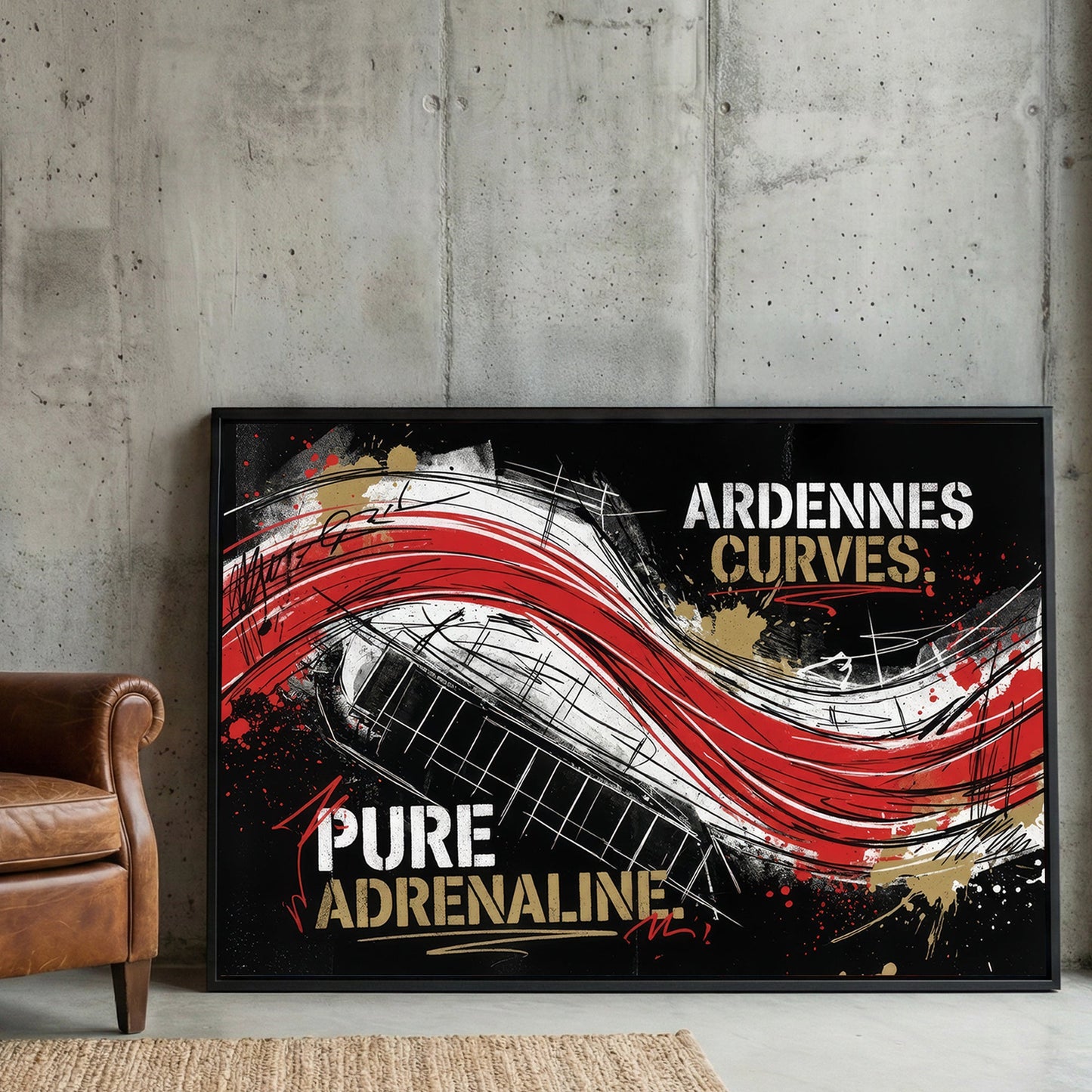 Ardennes Curves Spa-Francorchamps racing track street art wall art with red and black accents.