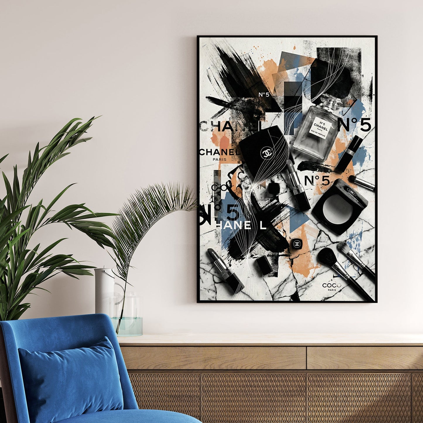 Chanel No. 5 perfume bottle and makeup brushes in a contemporary street art wall art piece.