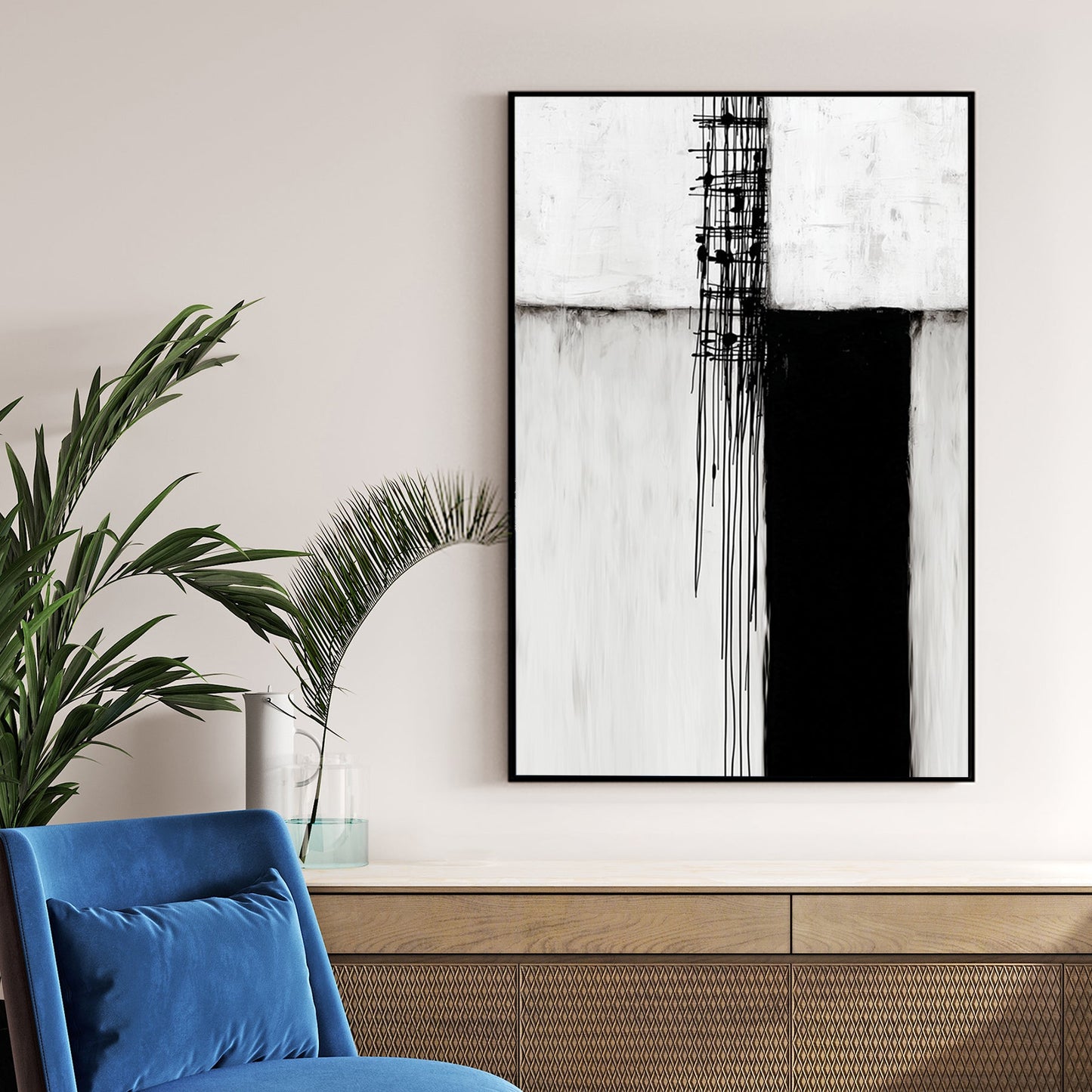Minimalist black and white abstract wall art featuring geometric blocks and vertical drips.