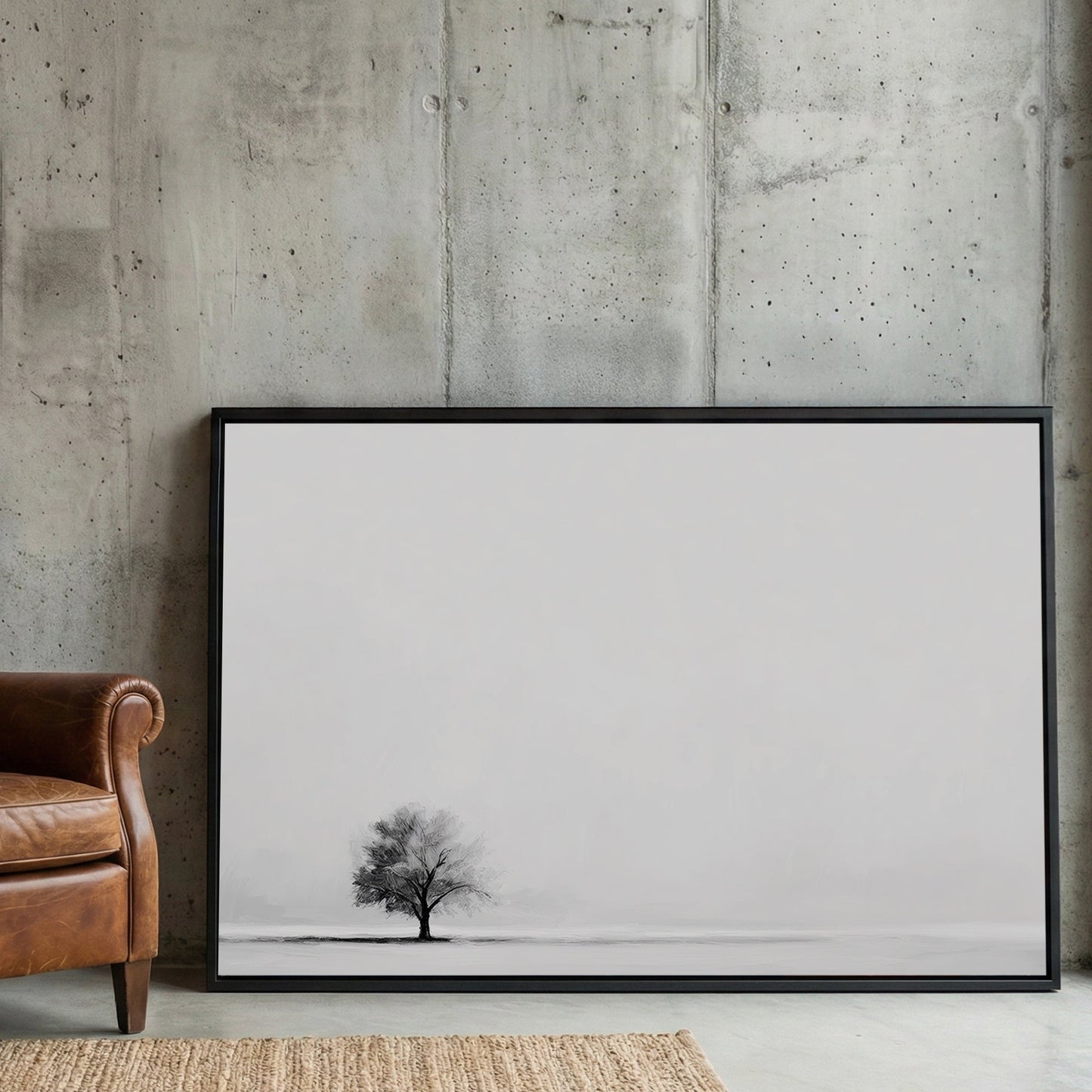 Minimalist wall art featuring a single tree in a monochrome landscape.