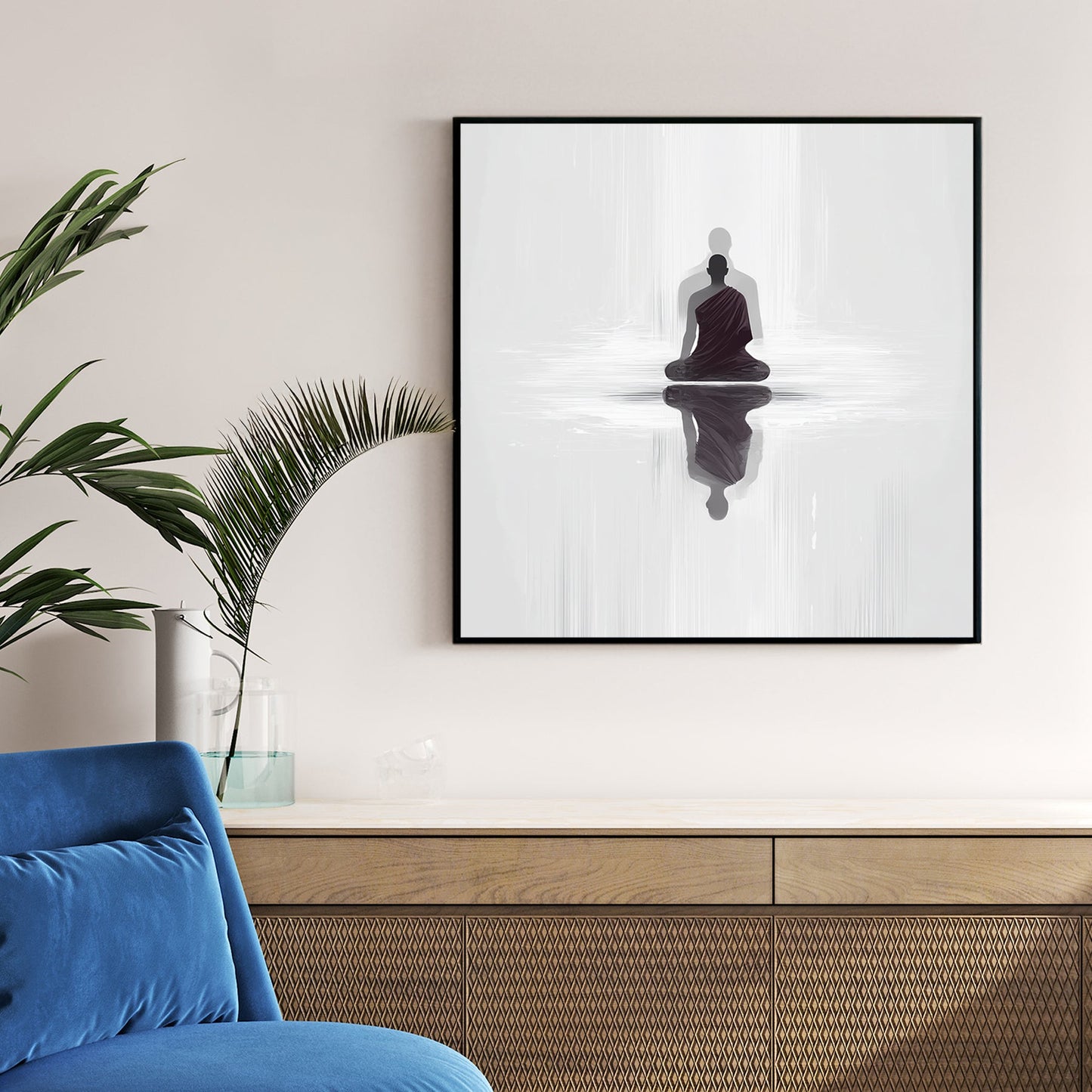 Minimalist Buddhist Monk silhouette reflecting in water wall art