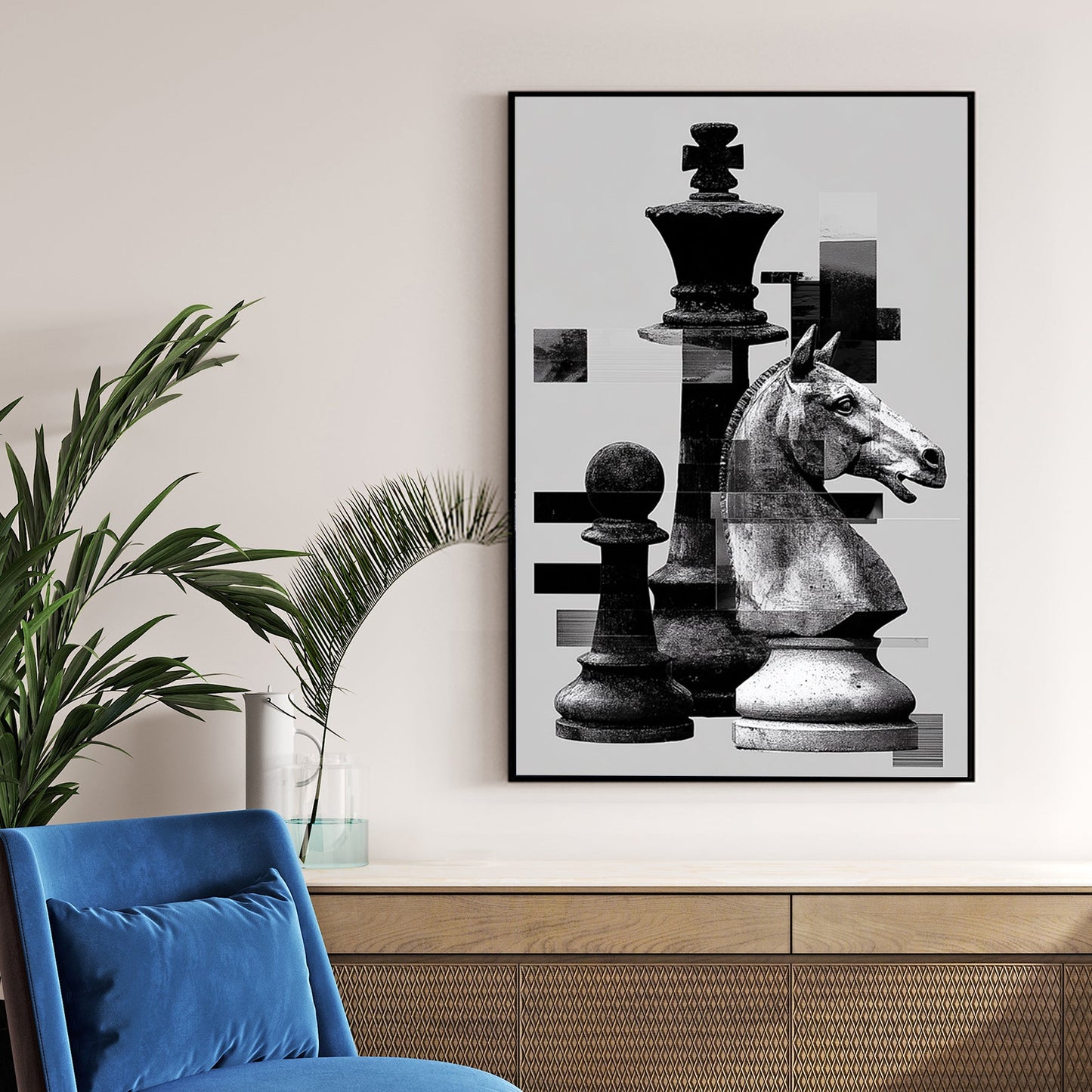 Black and white chess pieces with digital glitch effects wall art.