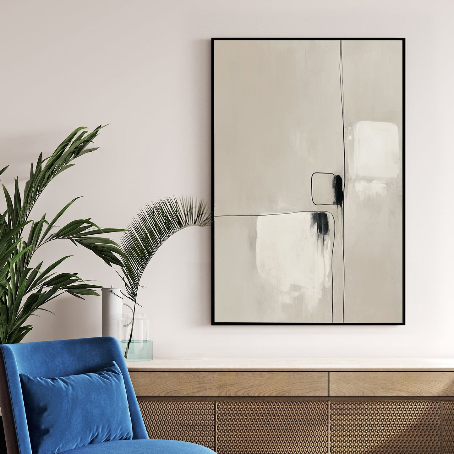 Minimalist geometric abstract wall art with beige tones and fine black lines.